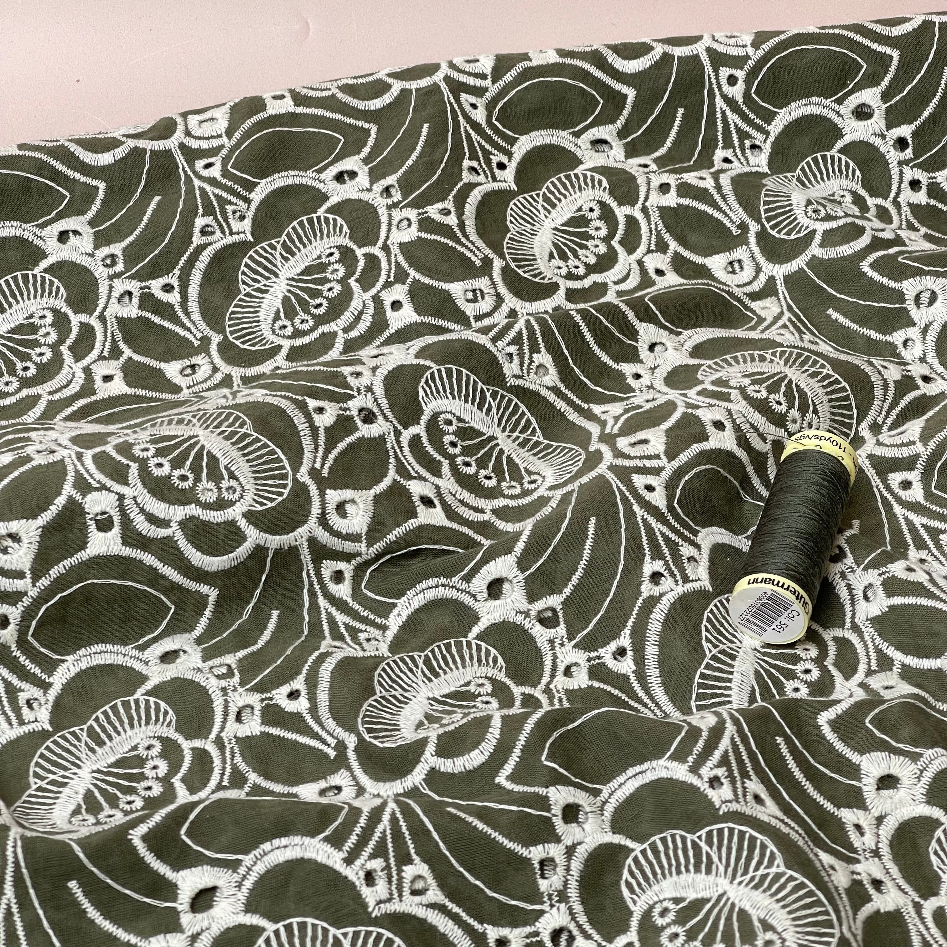 Embroidered Flowers Olive Cotton Fabric