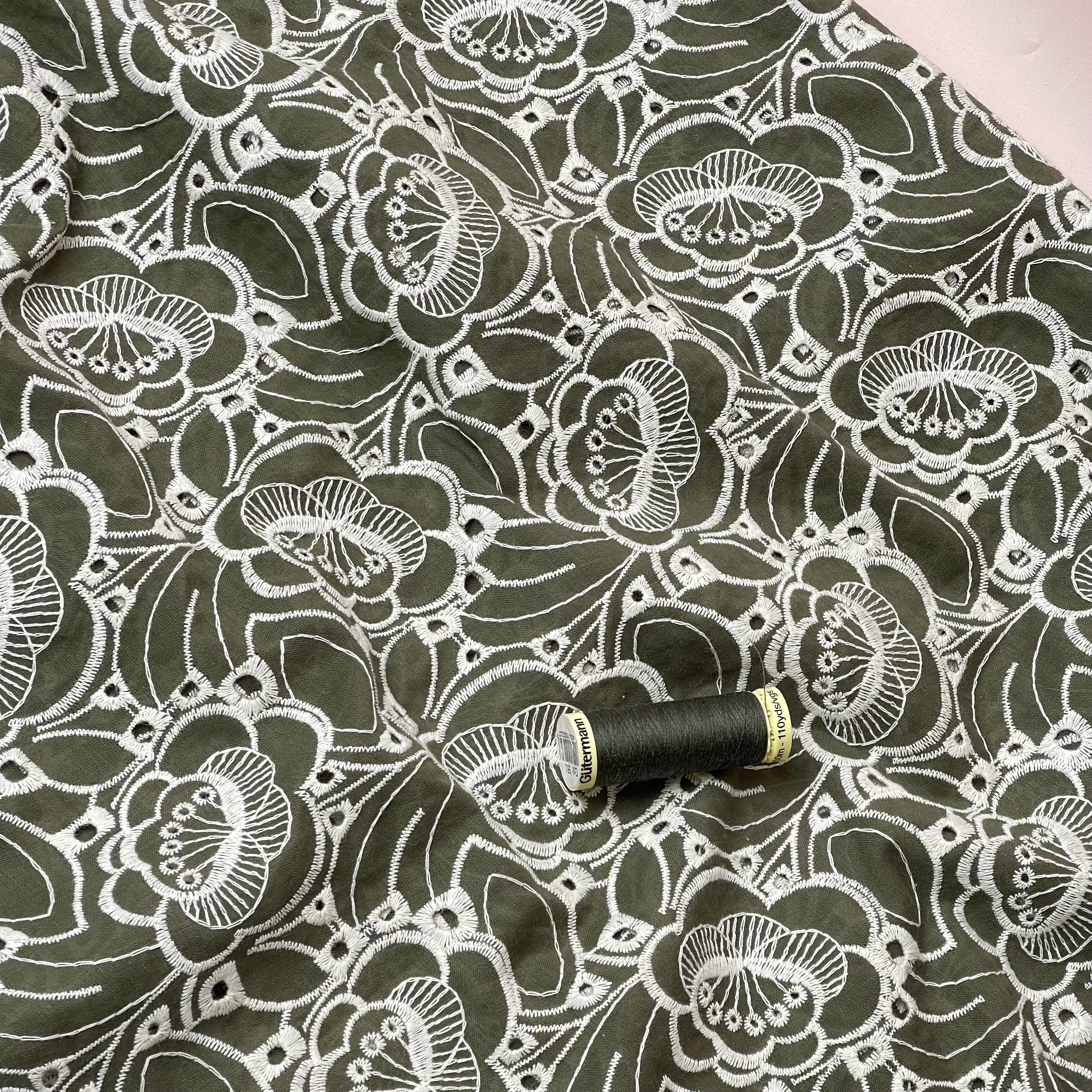 Embroidered Flowers Olive Cotton Fabric