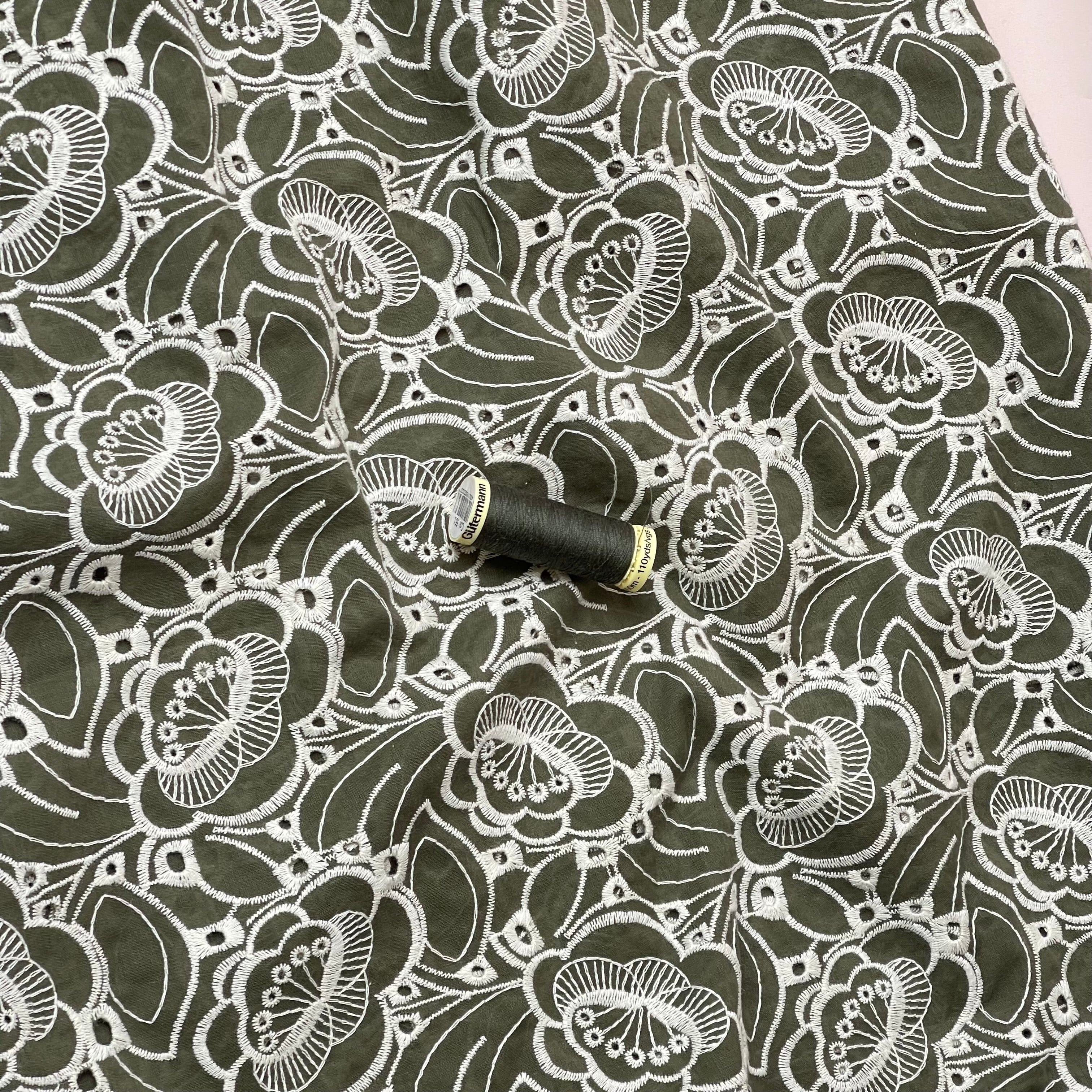 Embroidered Flowers Olive Cotton Fabric
