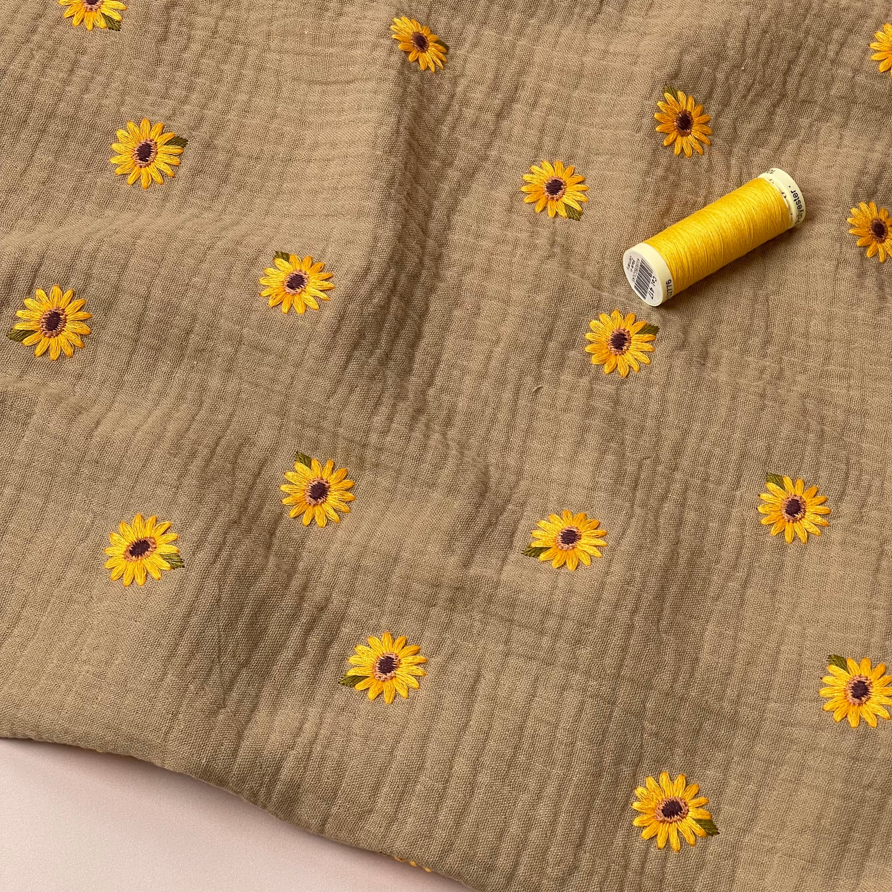 Embroidered Sunflowers on Beige Cotton Double Gauze