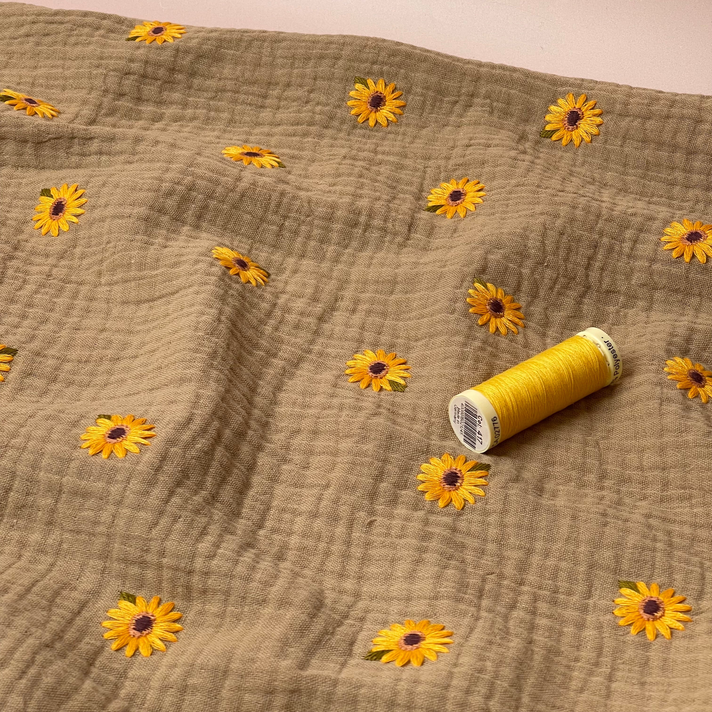 Embroidered Sunflowers on Beige Cotton Double Gauze