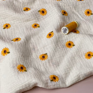 Embroidered Sunflowers on Natural Off-White Cotton Double Gauze
