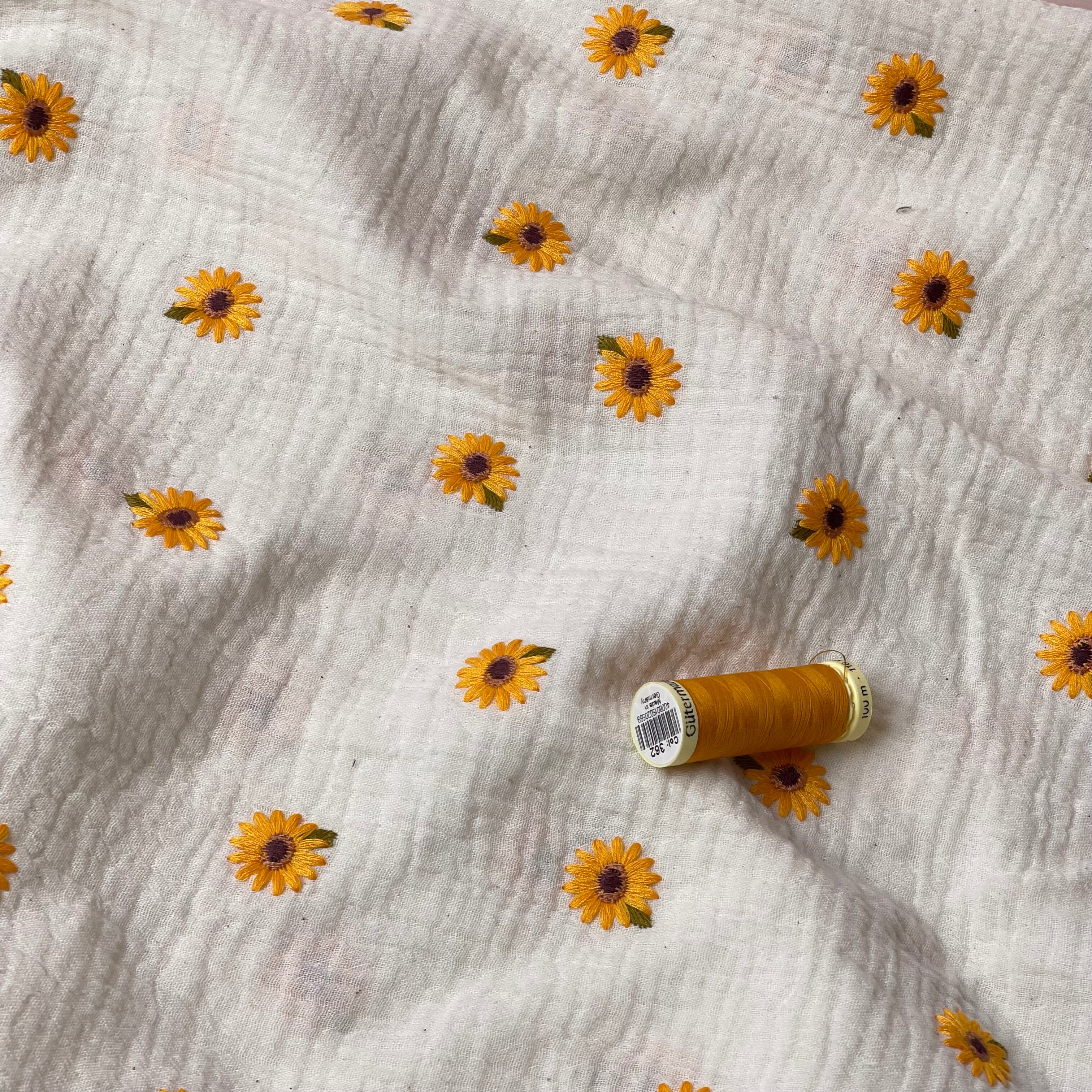 Embroidered Sunflowers on Natural Off-White Cotton Double Gauze