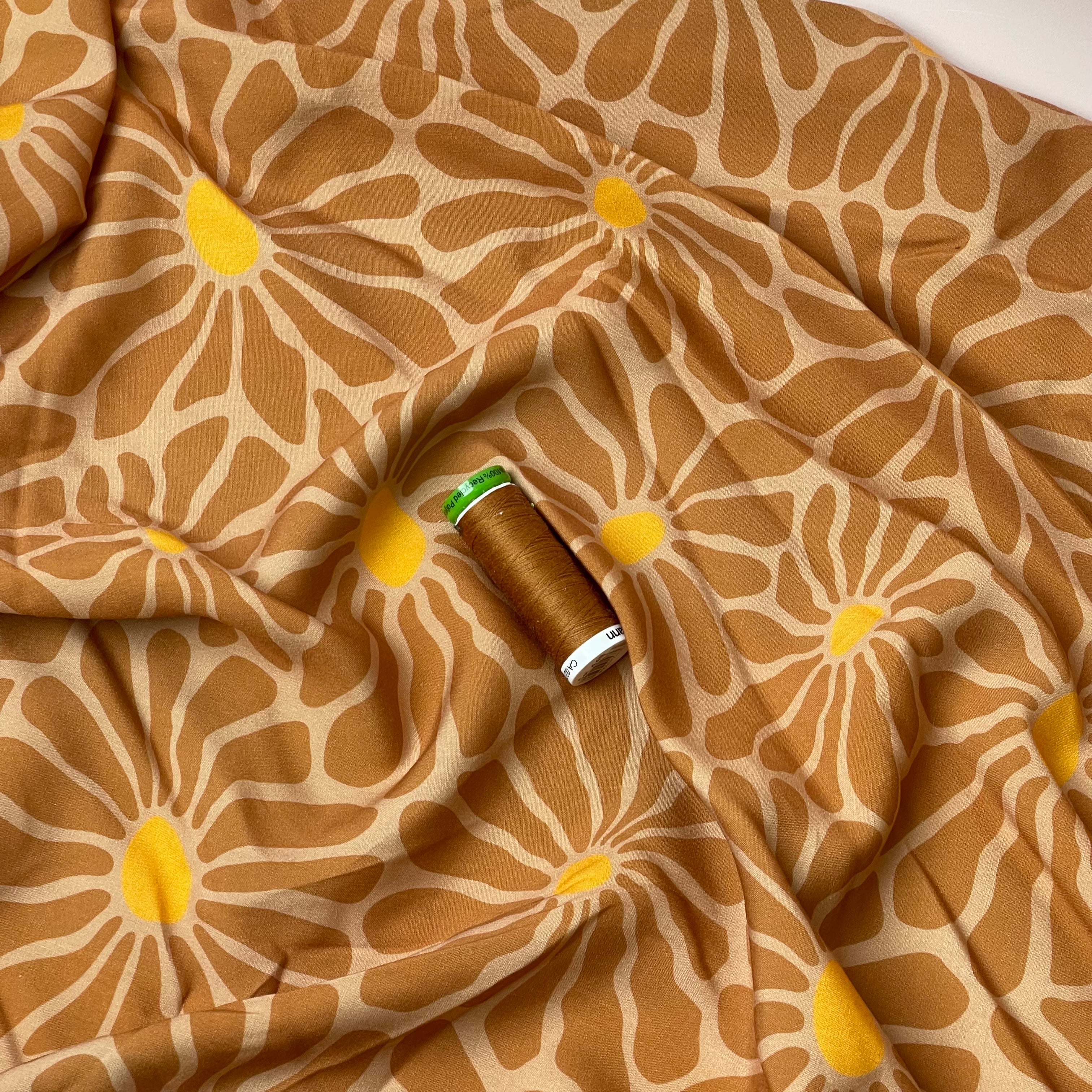 Graphic Flowers in Caramel Viscose Poplin Fabric
