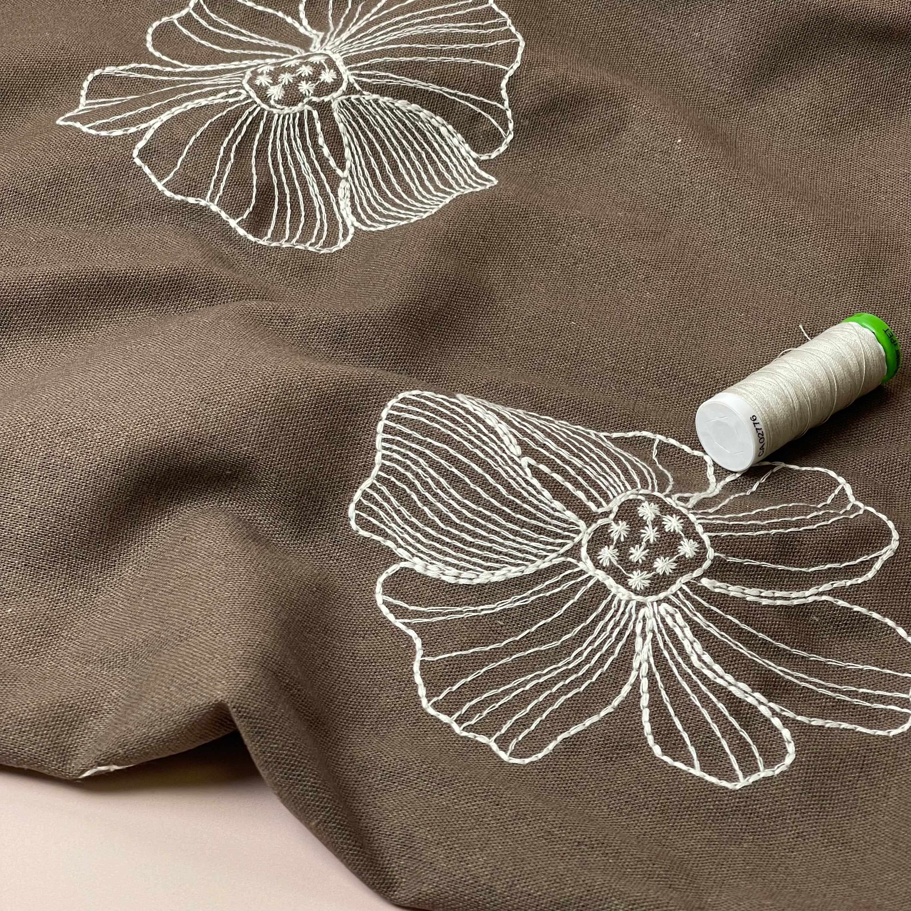 REMNANT 1.6 Metres - Embroidered Flowers on Brown Linen Viscose Blend Fabric
