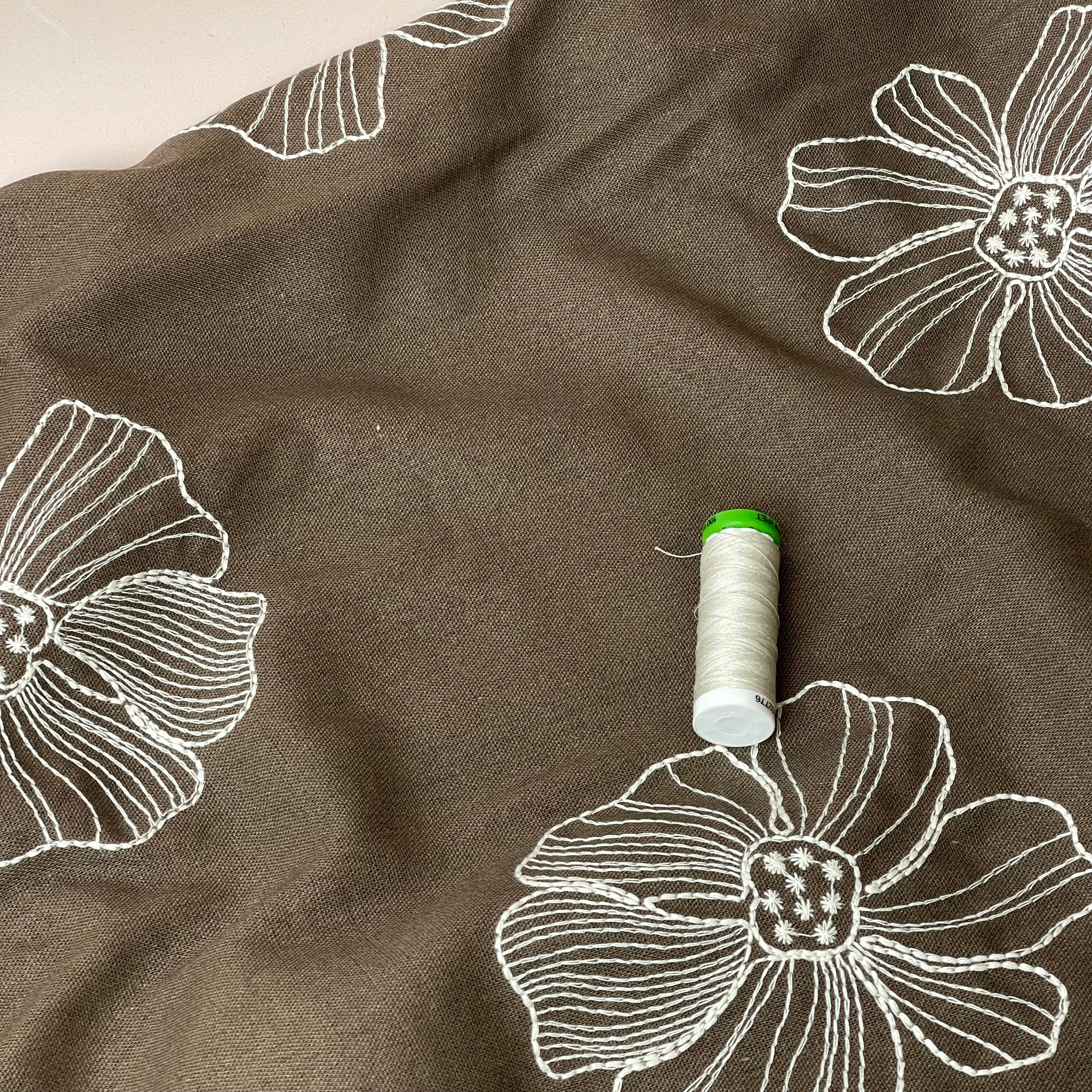 REMNANT 1.6 Metres - Embroidered Flowers on Brown Linen Viscose Blend Fabric