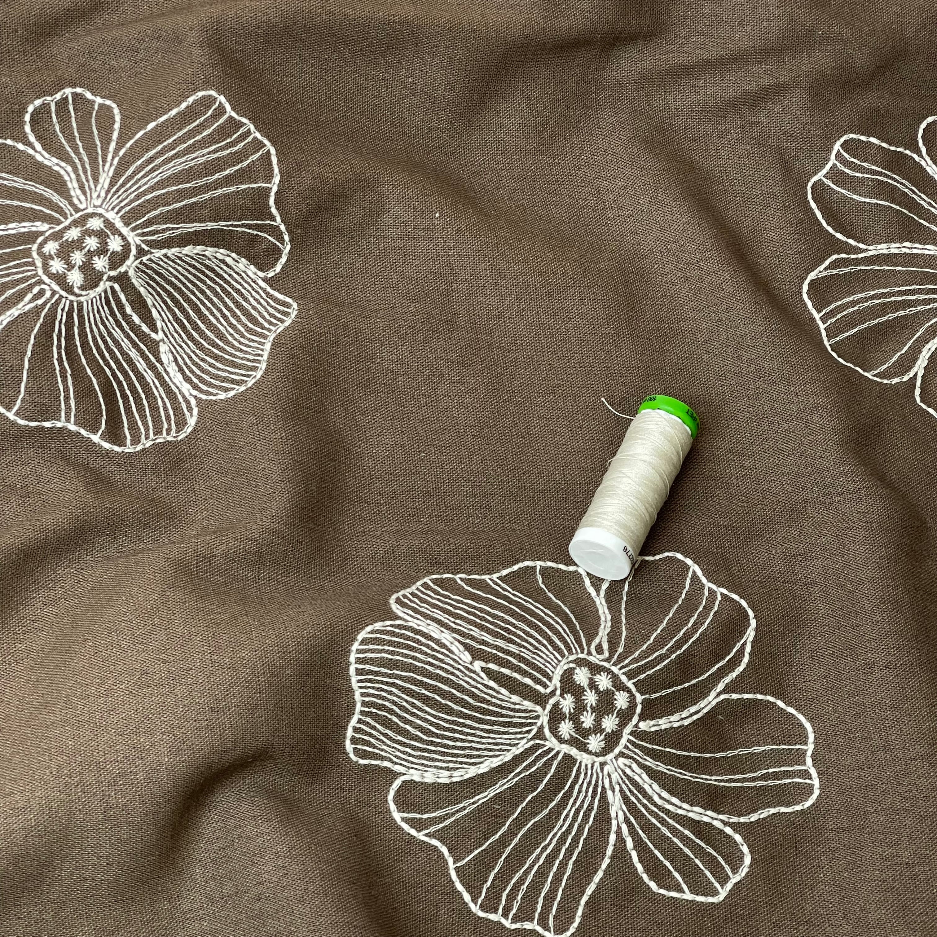 REMNANT 1.6 Metres - Embroidered Flowers on Brown Linen Viscose Blend Fabric