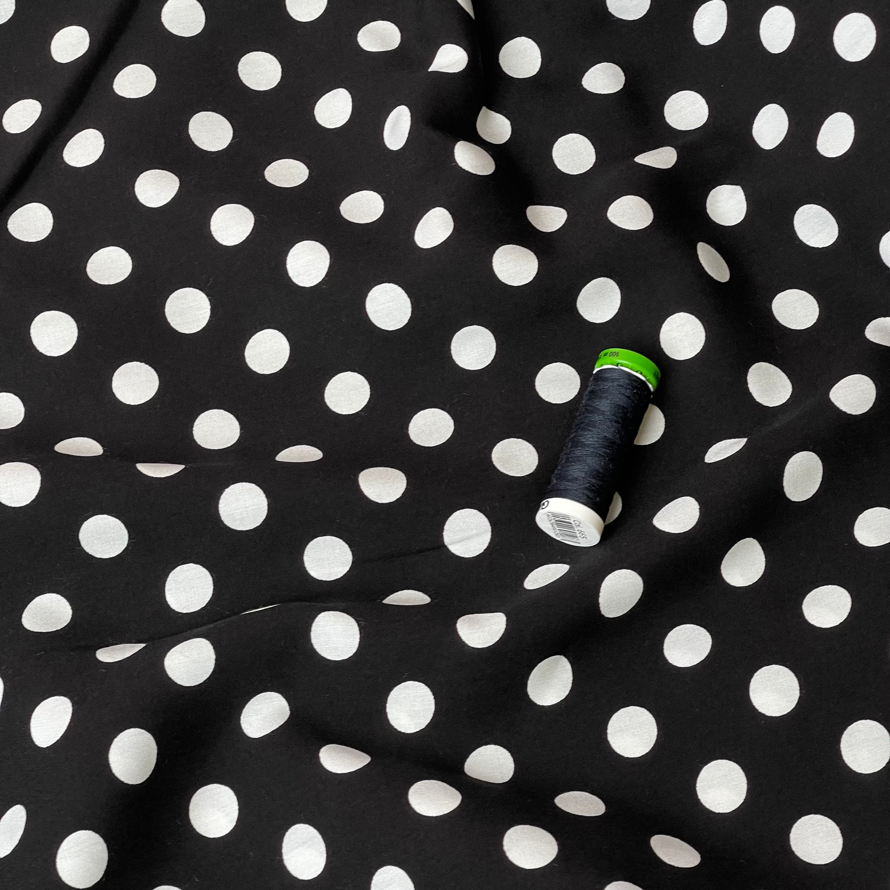 Polka Dots on Black Viscose Poplin Fabric