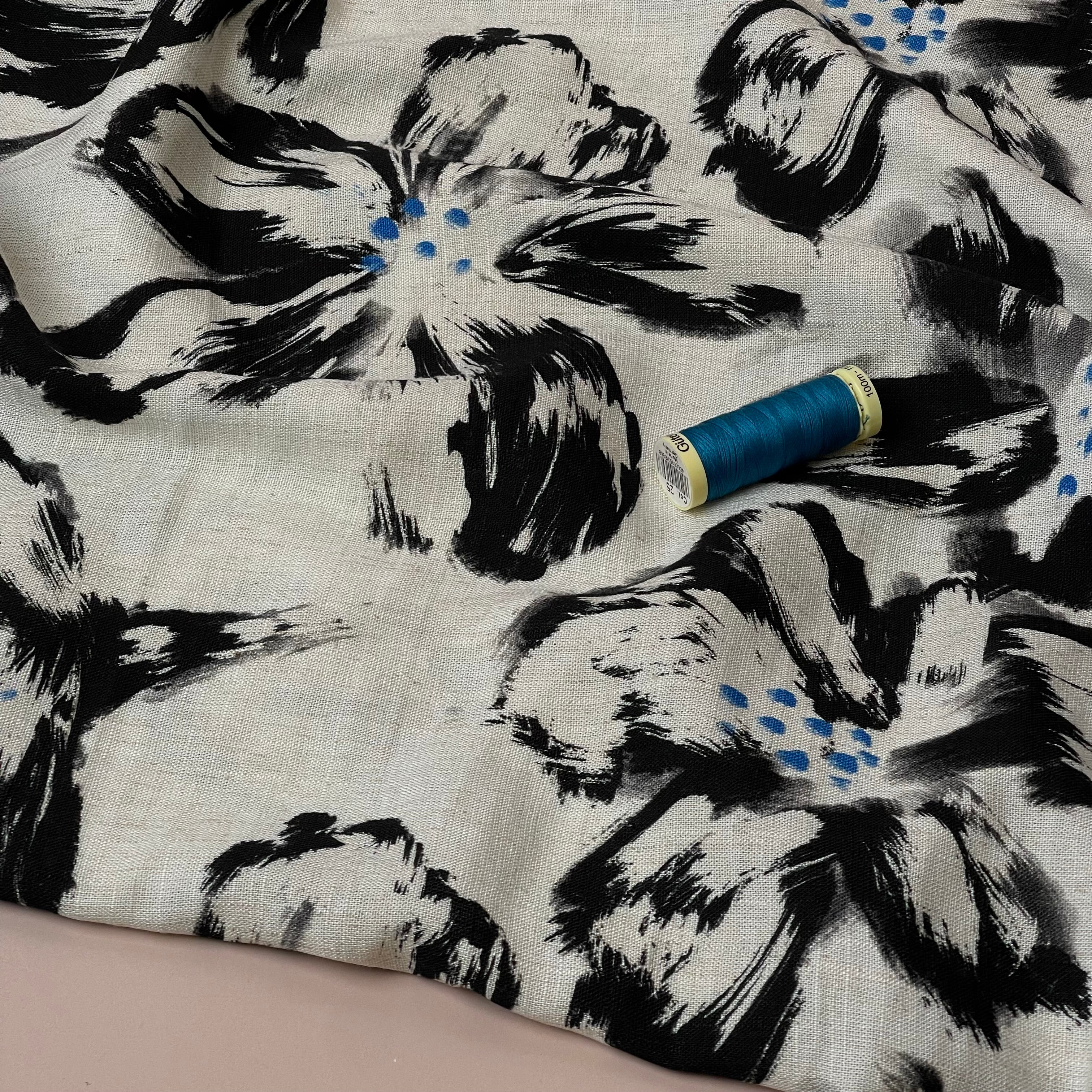 Painted Flowers Black Viscose Linen Fabric