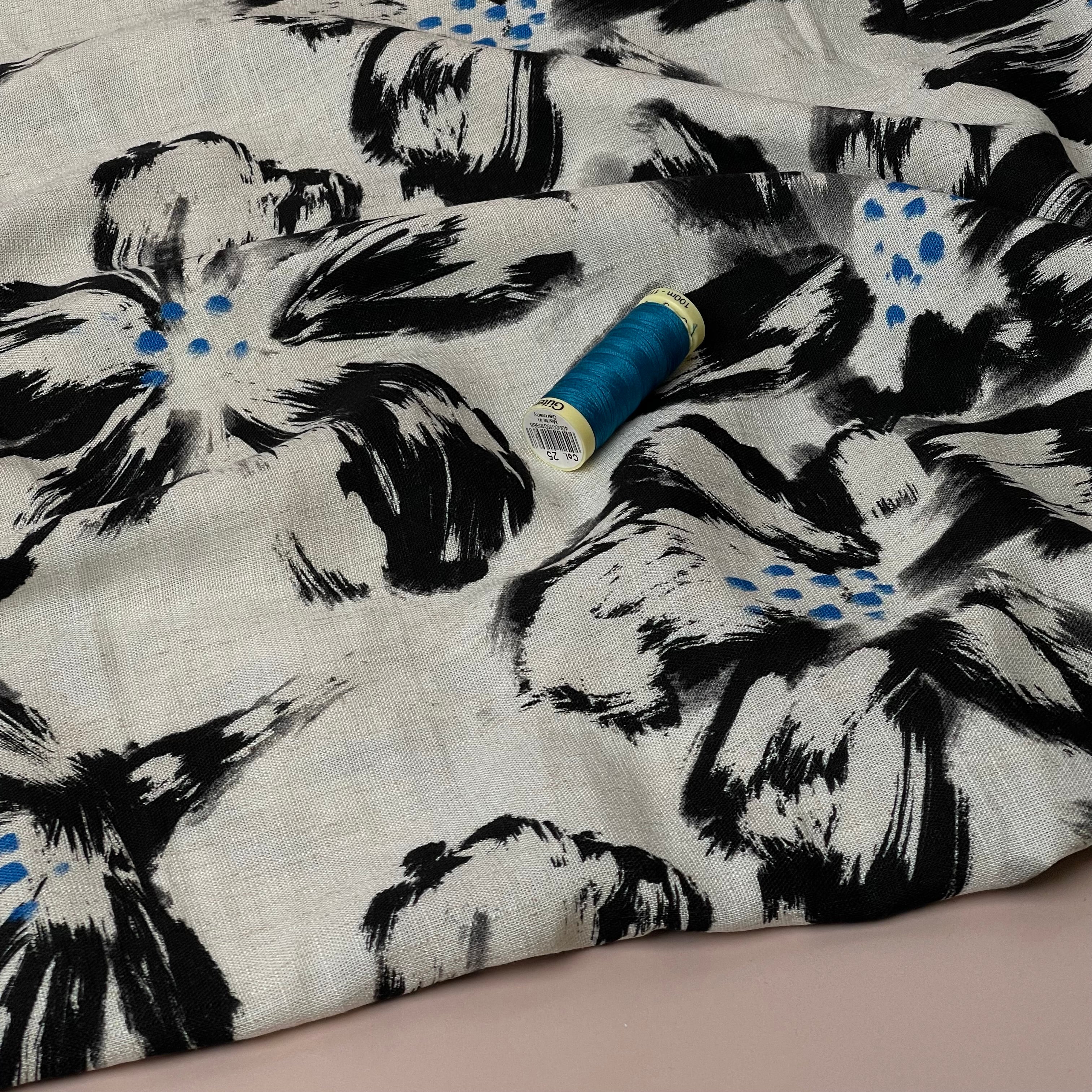 Painted Flowers Black Viscose Linen Fabric