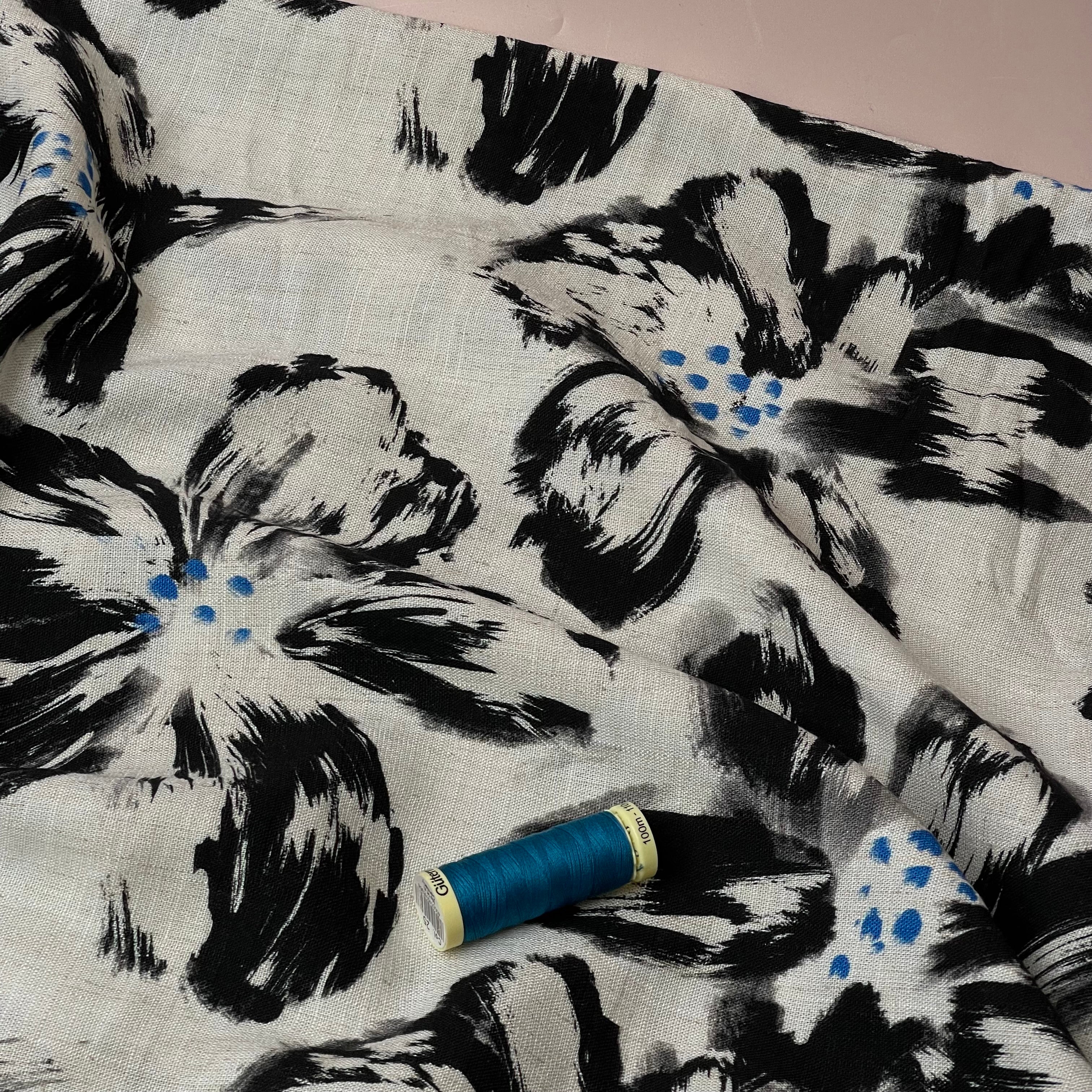 Painted Flowers Black Viscose Linen Fabric