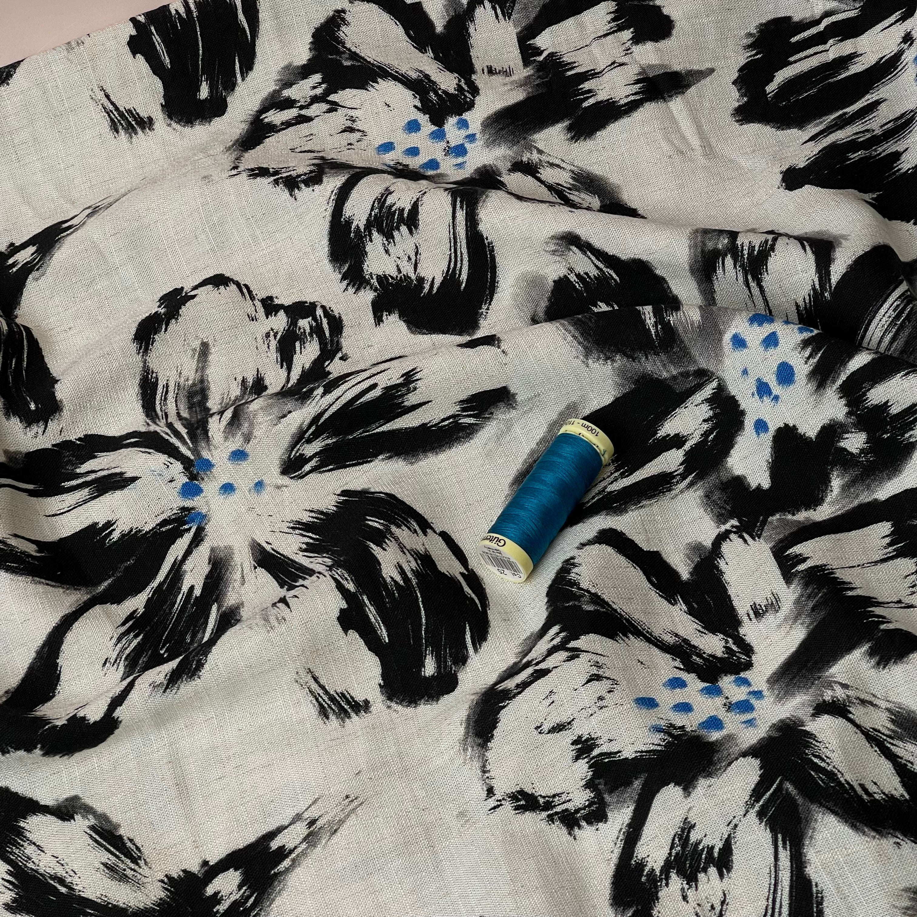 Painted Flowers Black Viscose Linen Fabric