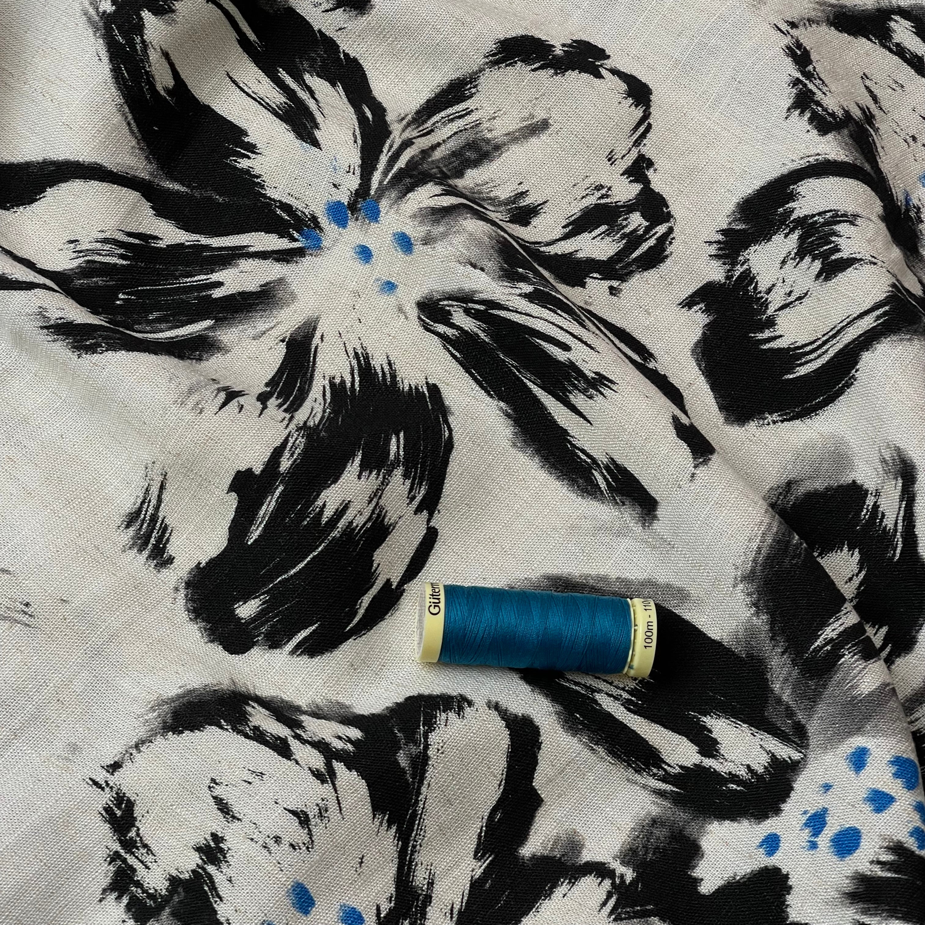 Painted Flowers Black Viscose Linen Fabric