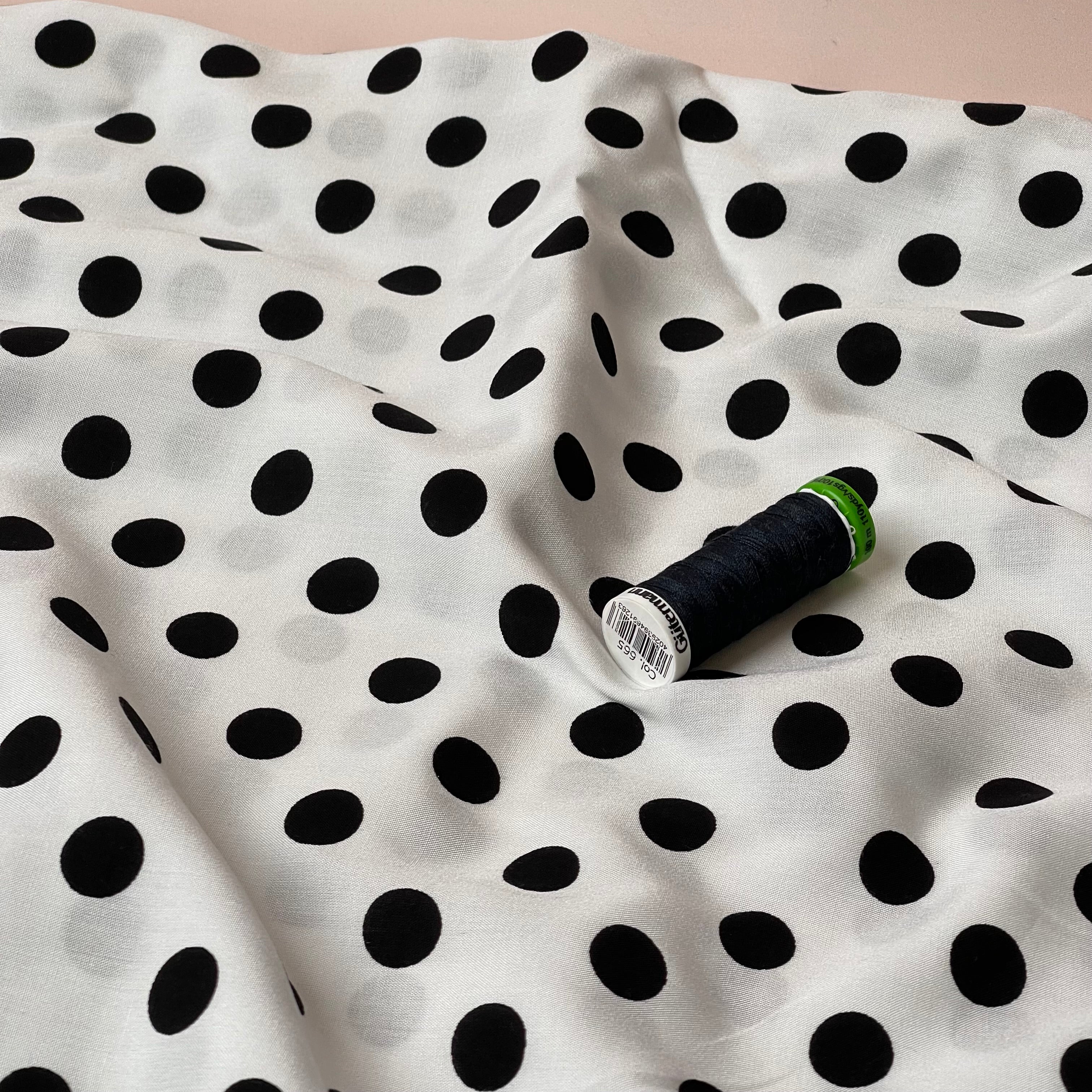 Polka Dots on White Viscose Poplin Fabric