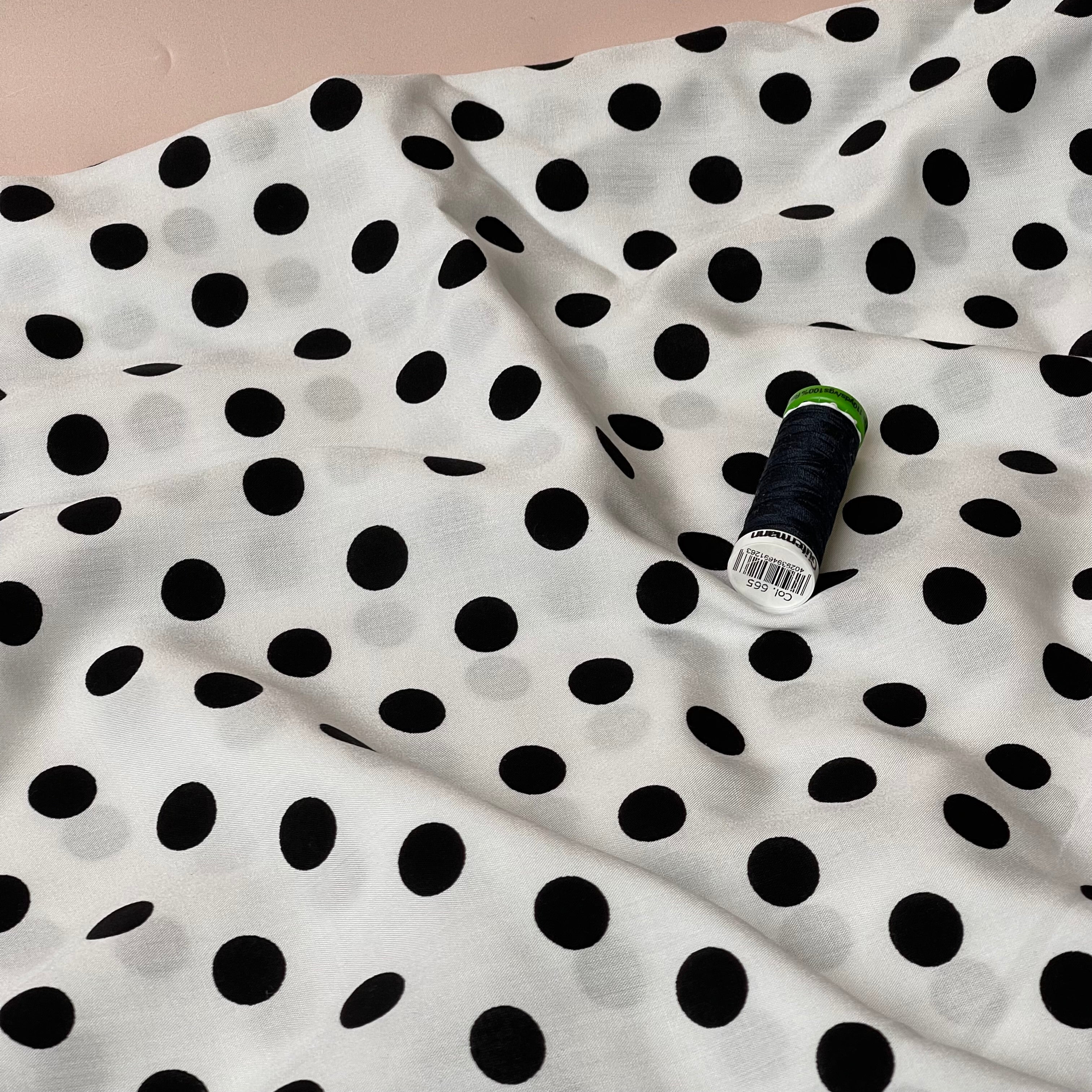 Polka Dots on White Viscose Poplin Fabric