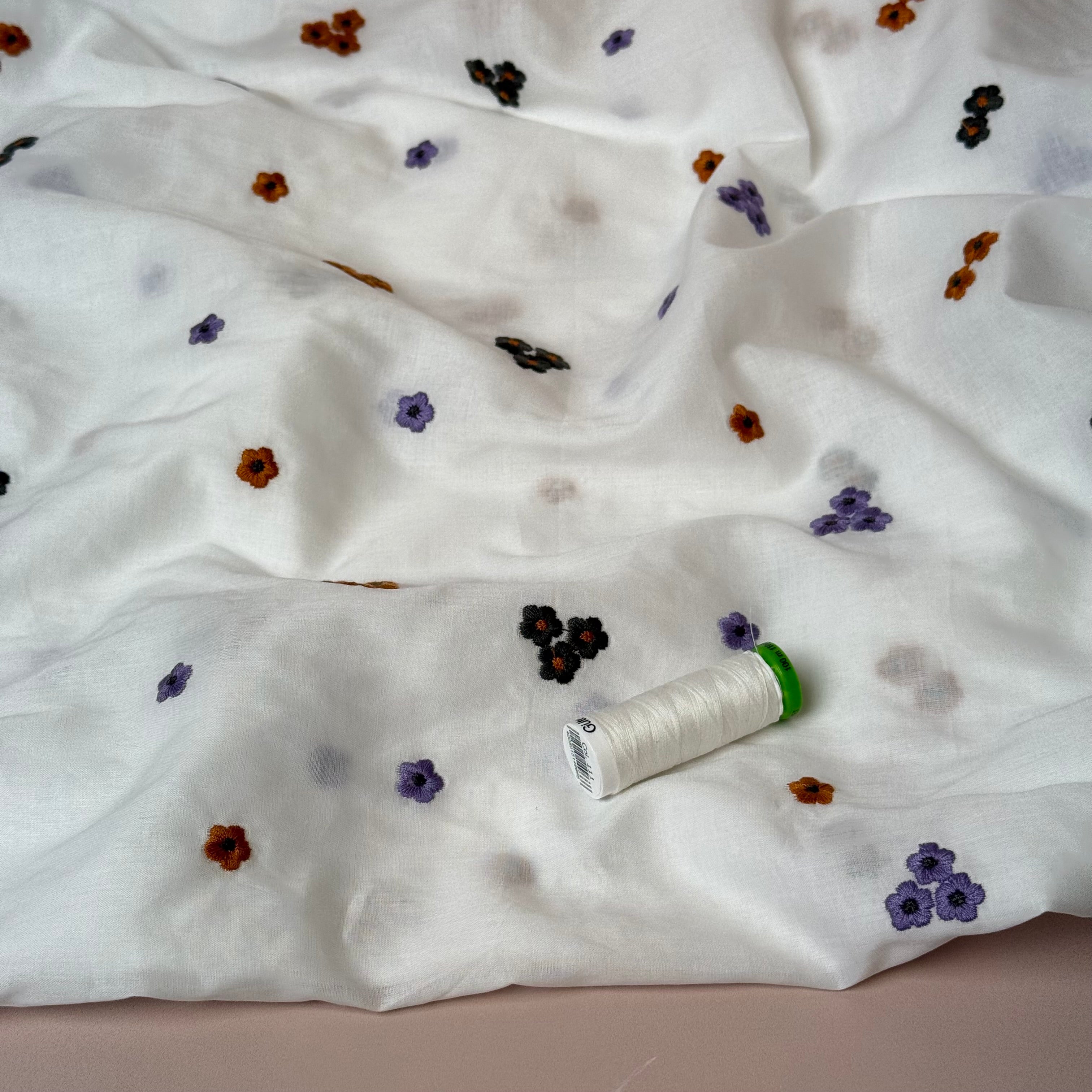 Embroidered Flowers Autumn Cotton Voile Fabric