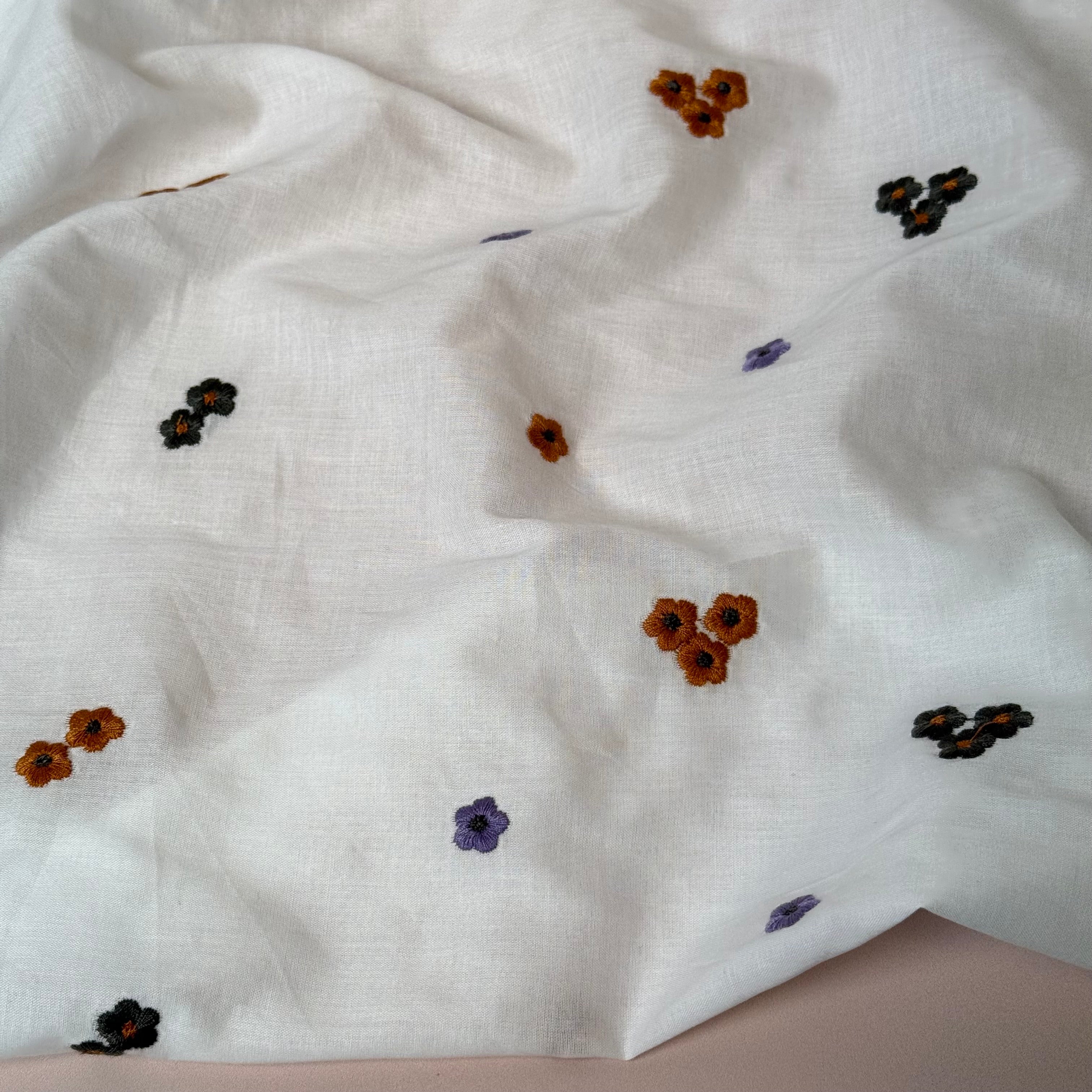 Embroidered Flowers Autumn Cotton Voile Fabric