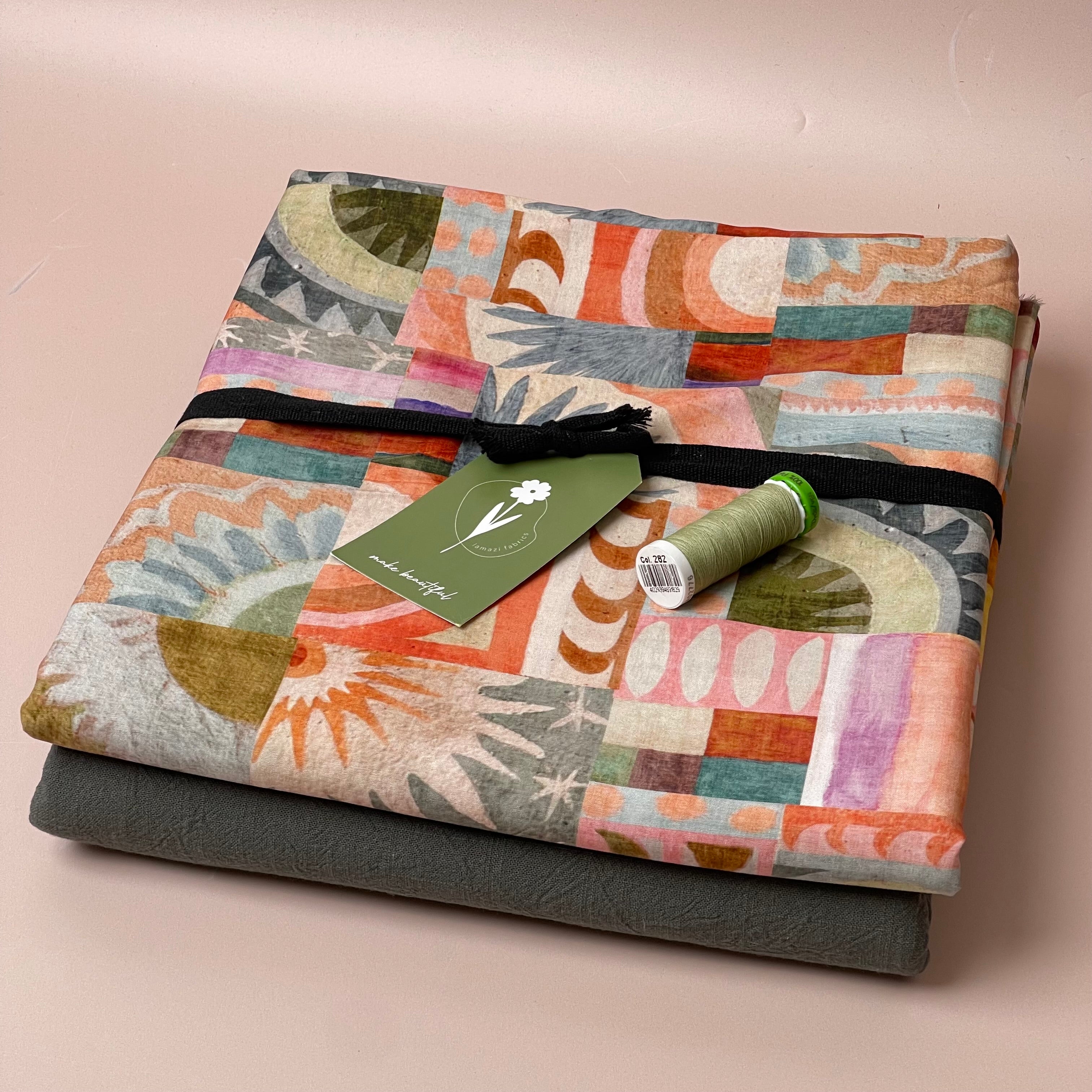 Make an Outfit Colour Bundle - Abstract Tiles Viscose with Khaki Green Washed Cotton