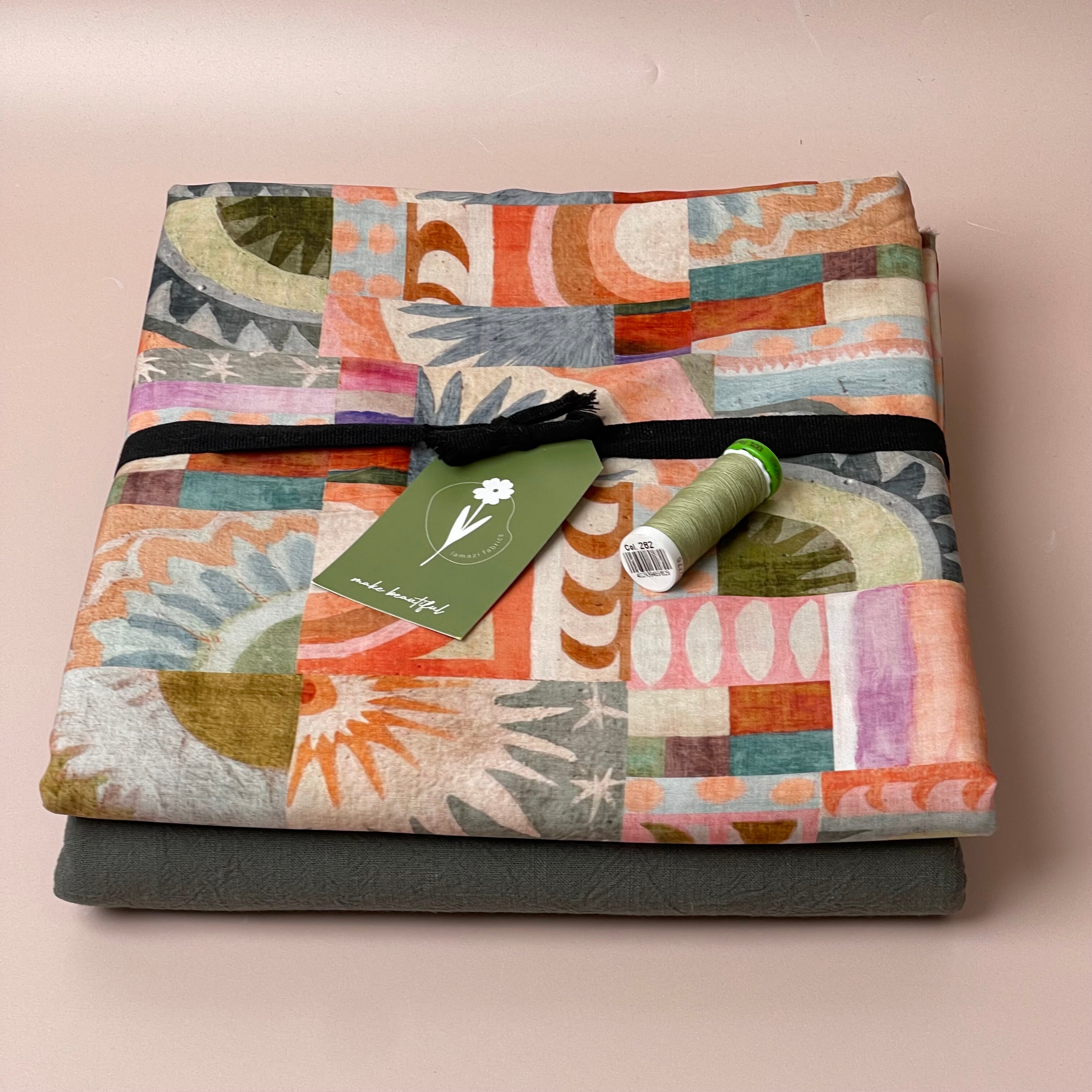 Make an Outfit Colour Bundle - Abstract Tiles Viscose with Khaki Green Washed Cotton