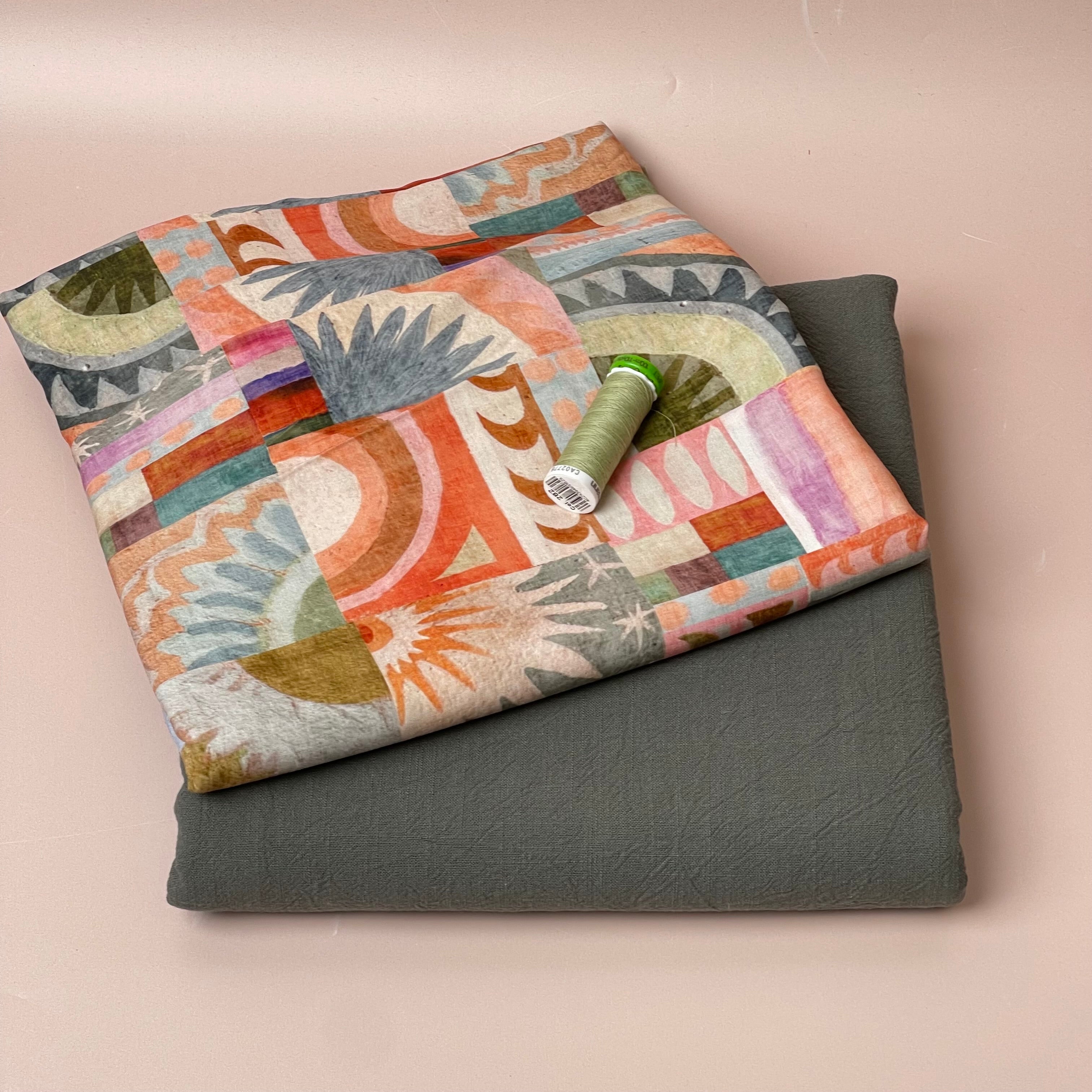 Make an Outfit Colour Bundle - Abstract Tiles Viscose with Khaki Green Washed Cotton