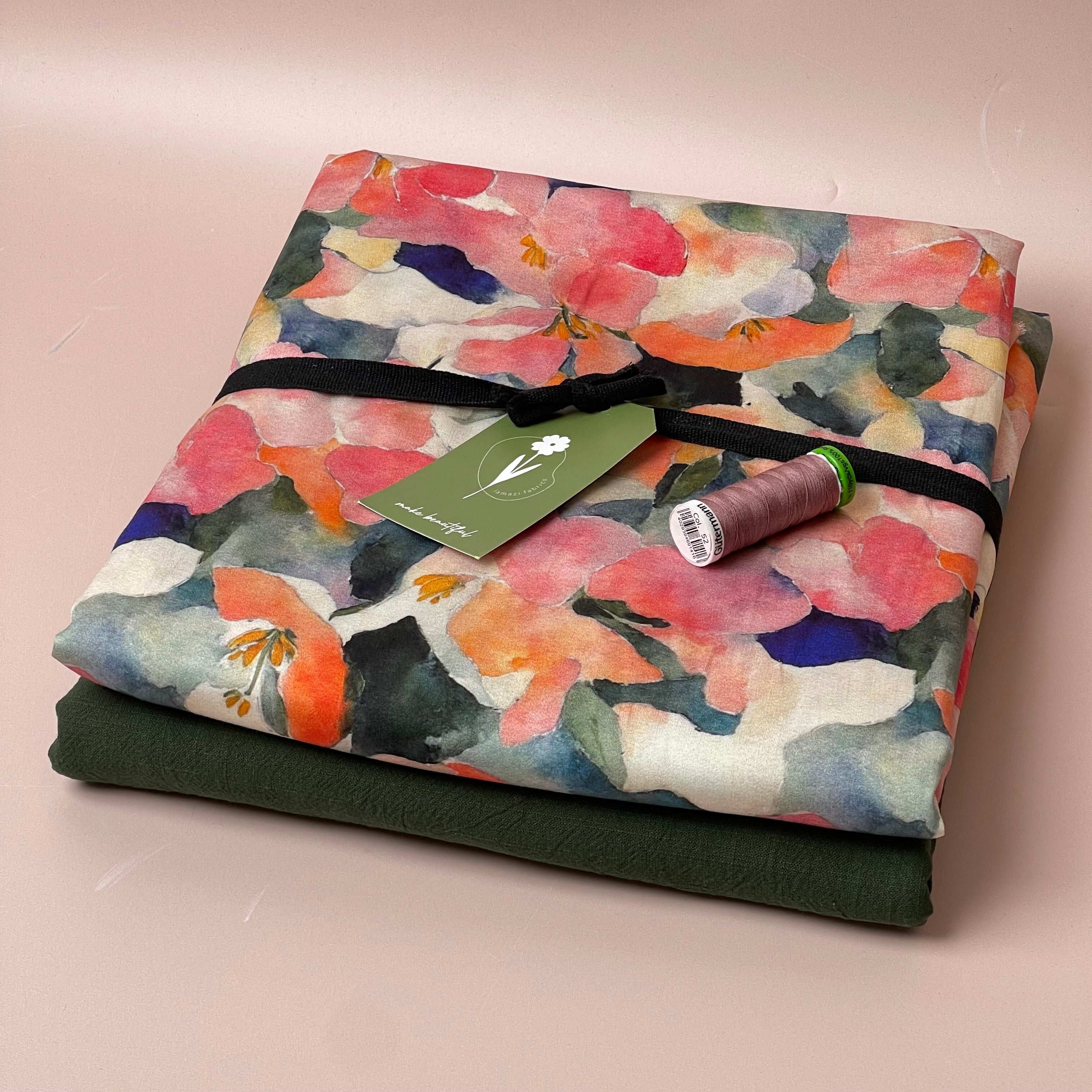 Make an Outfit Colour Bundle - Peach Petals Viscose Sateen with Forest Green Washed Cotton