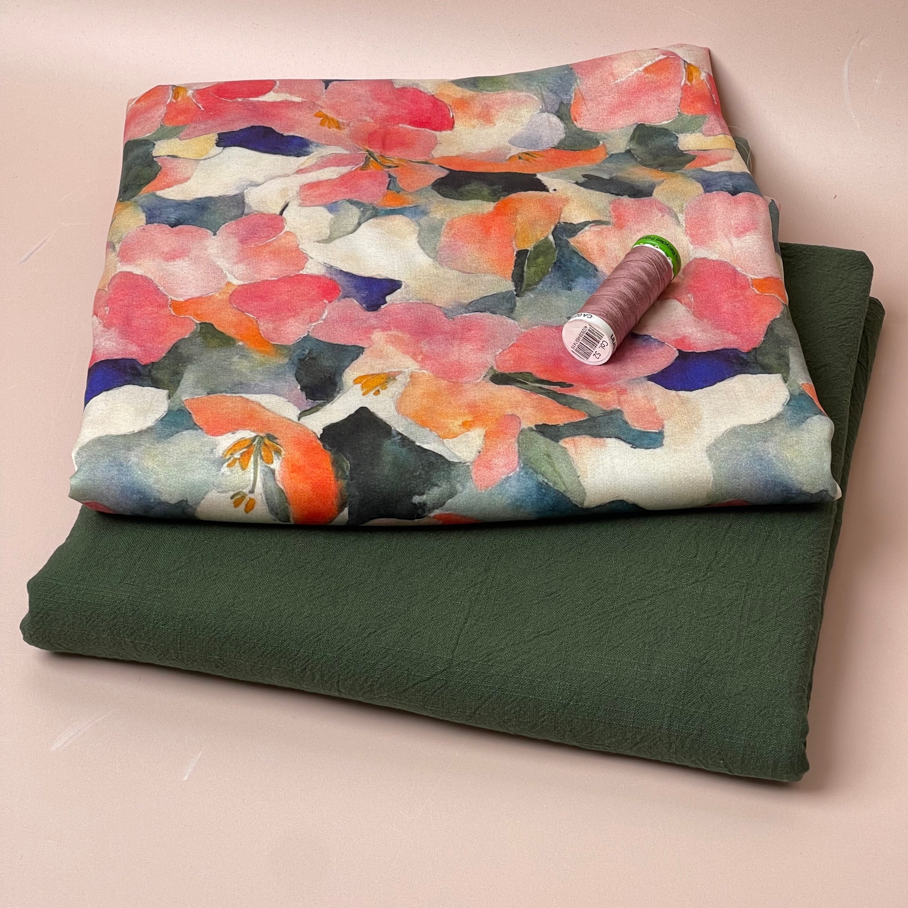 Make an Outfit Colour Bundle - Peach Petals Viscose Sateen with Forest Green Washed Cotton