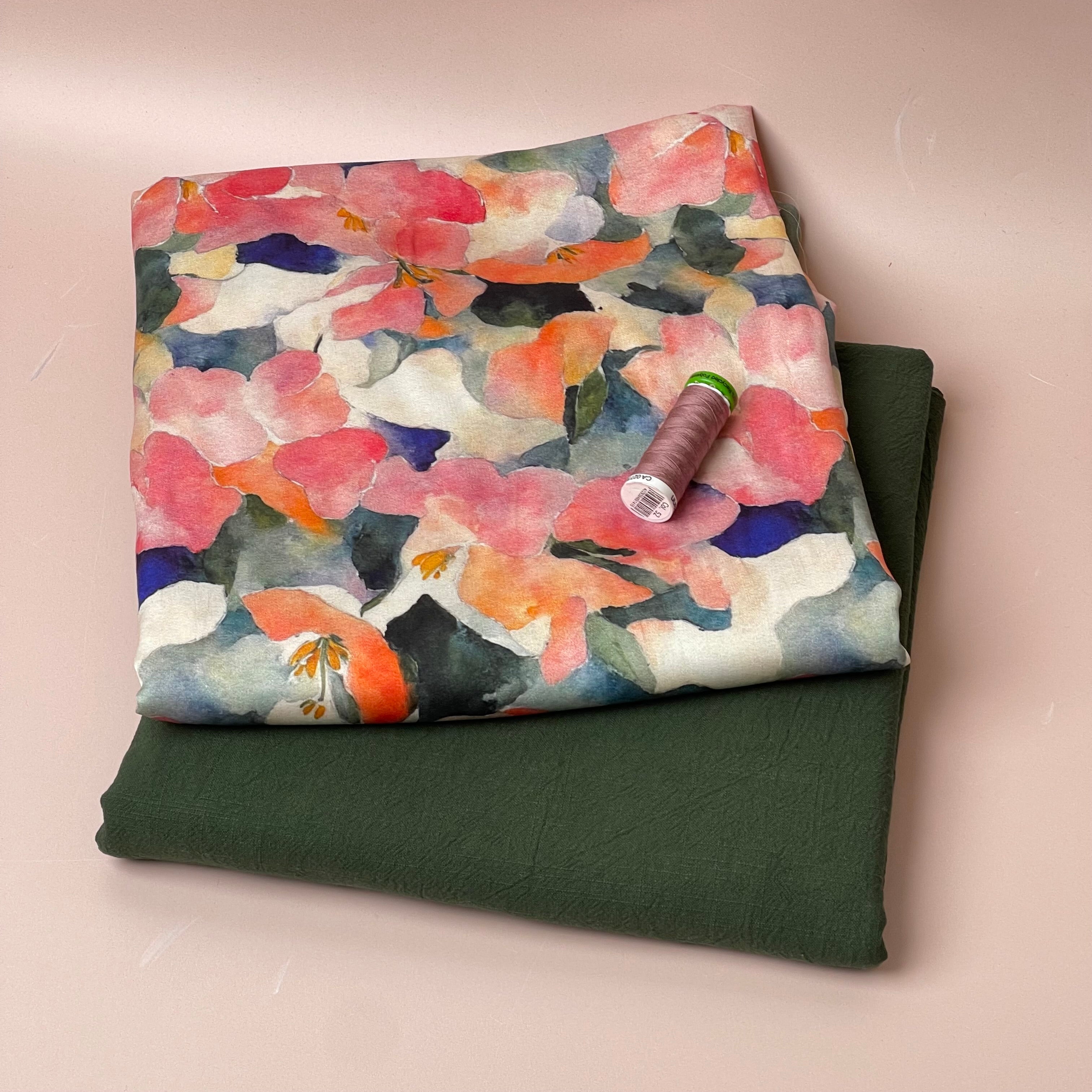 Make an Outfit Colour Bundle - Peach Petals Viscose Sateen with Forest Green Washed Cotton