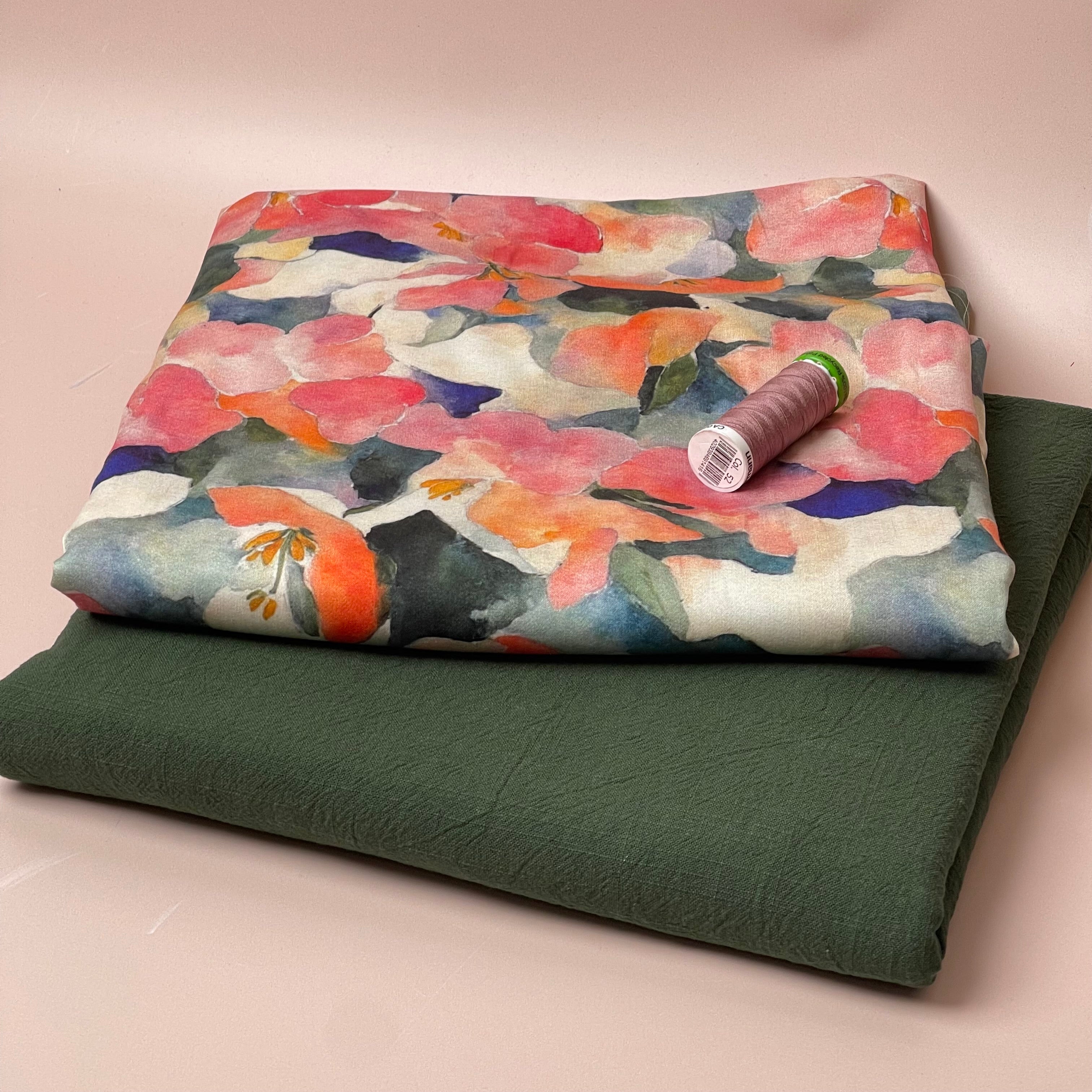 Make an Outfit Colour Bundle - Peach Petals Viscose Sateen with Forest Green Washed Cotton