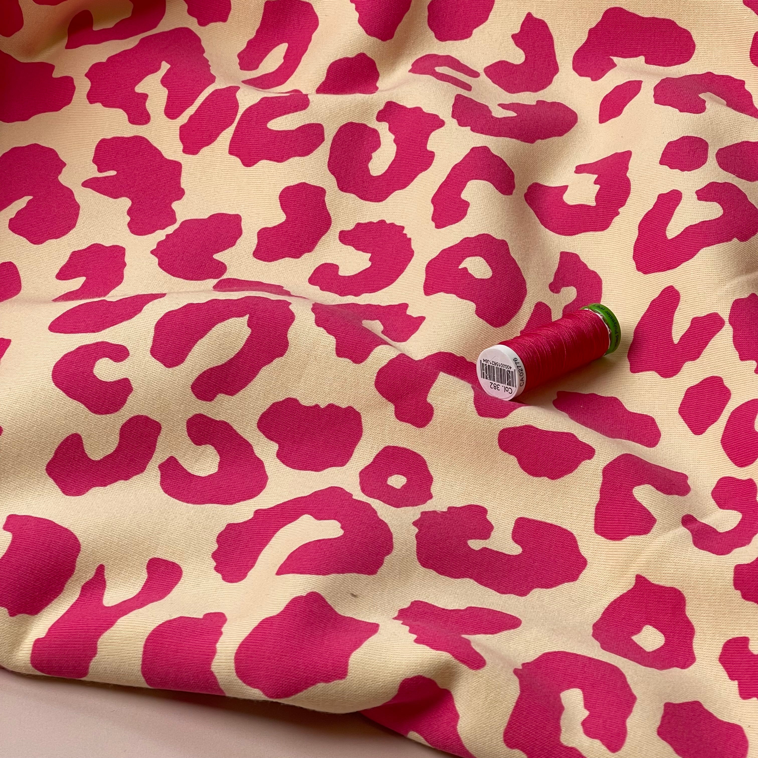 REMNANT 0.86 Metre - Carmine Rose Leopard Fleece-back Organic Cotton Sweat-Shirting