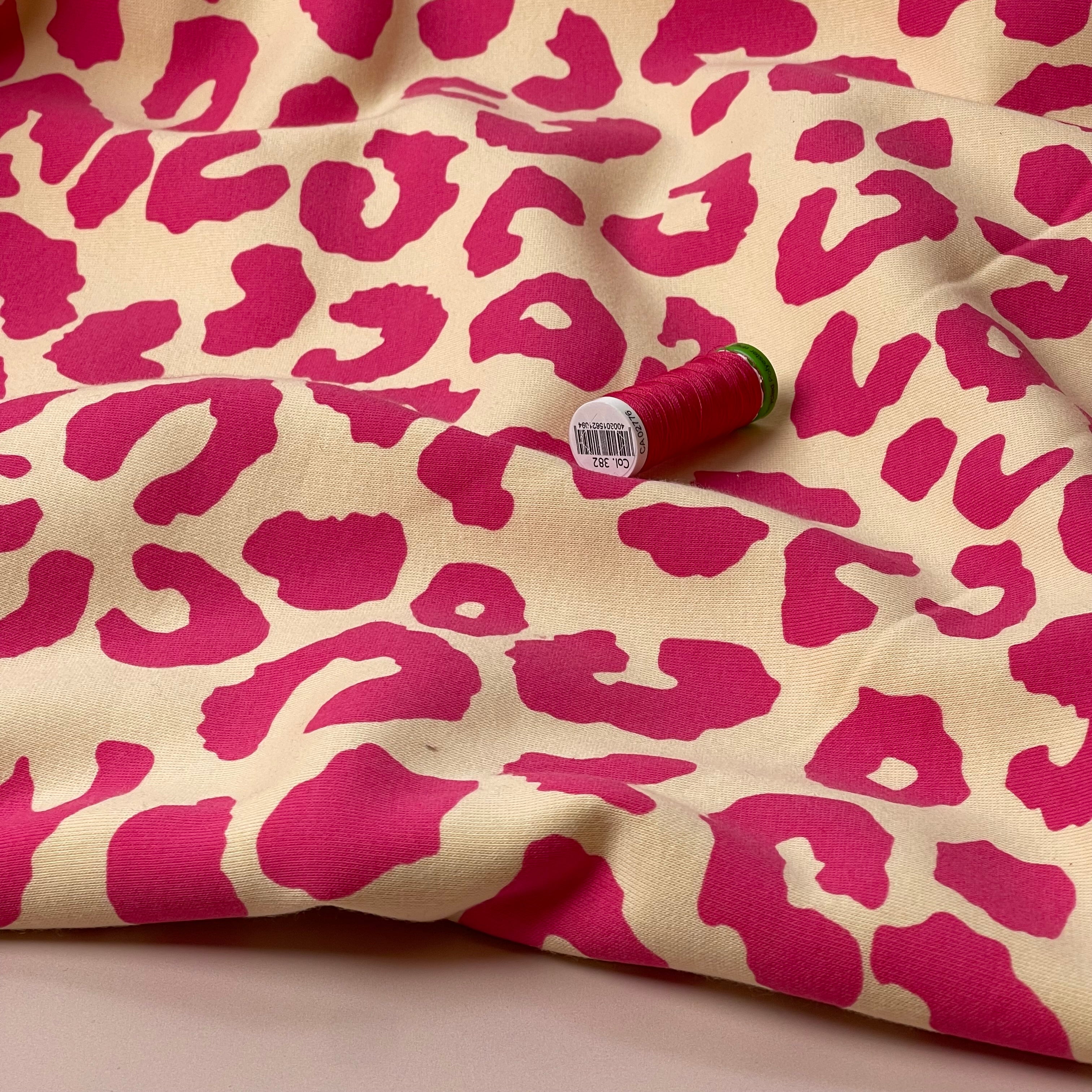 REMNANT 0.86 Metre - Carmine Rose Leopard Fleece-back Organic Cotton Sweat-Shirting