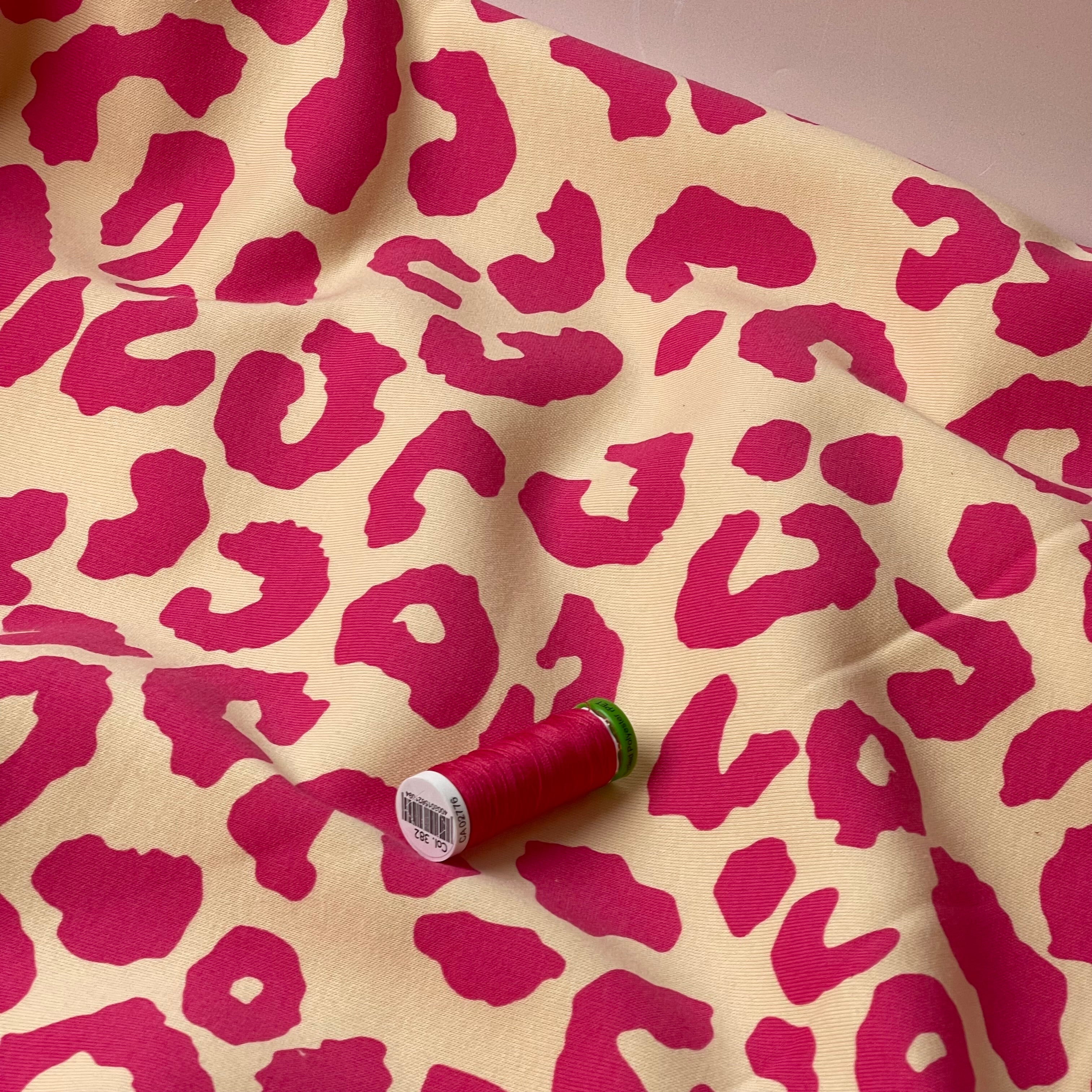 REMNANT 0.86 Metre - Carmine Rose Leopard Fleece-back Organic Cotton Sweat-Shirting