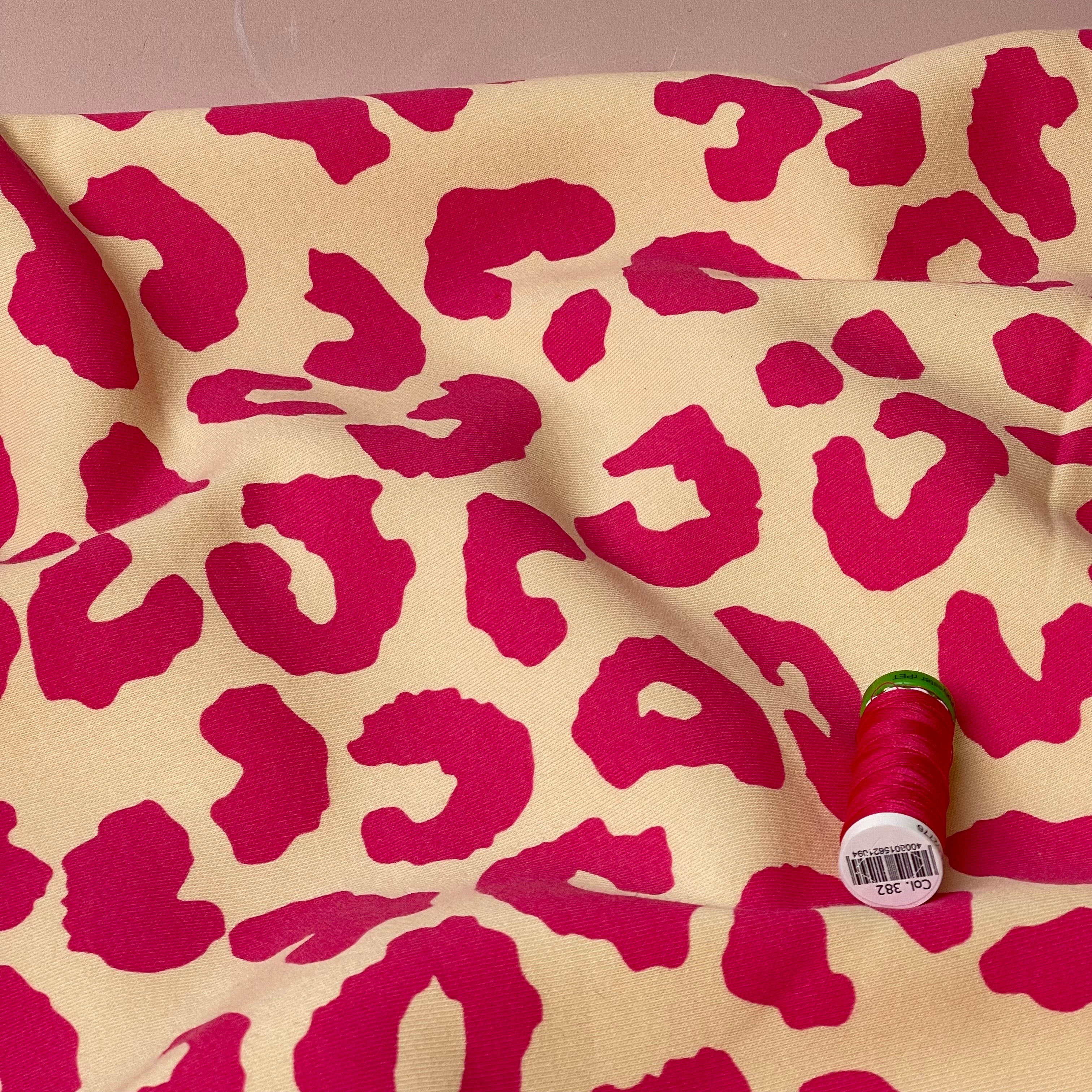 REMNANT 0.86 Metre - Carmine Rose Leopard Fleece-back Organic Cotton Sweat-Shirting