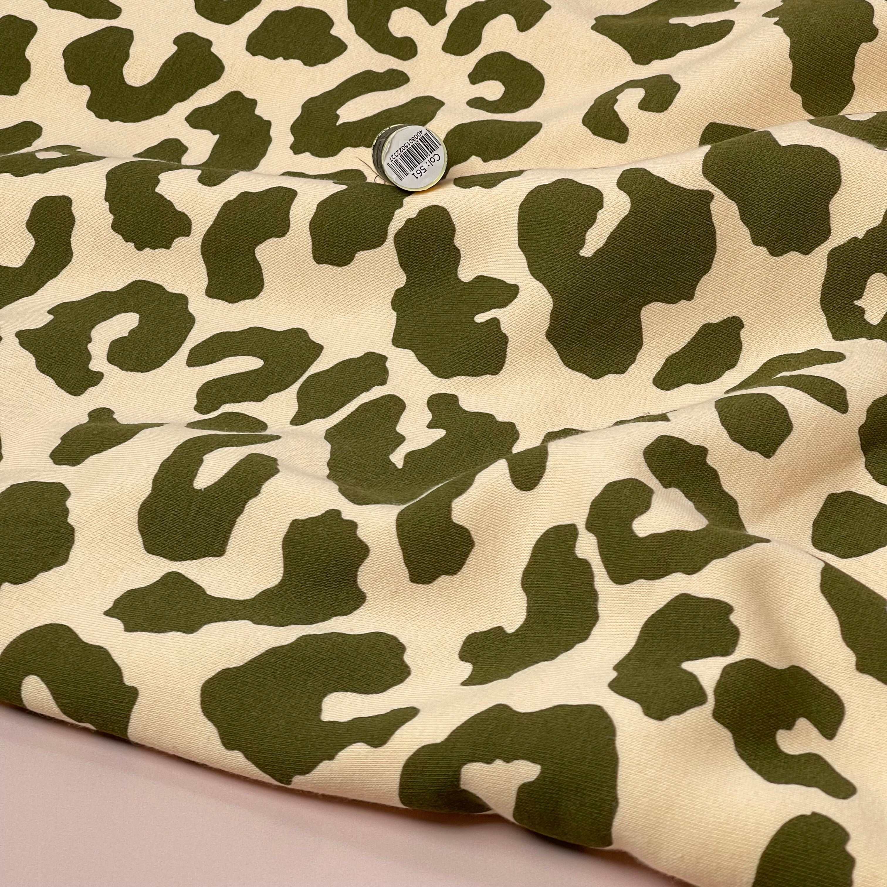REMNANT 1.88 Metres (with some large stitch faults) Olive Branch Leopard Fleece-back Organic Cotton Sweat-Shirting