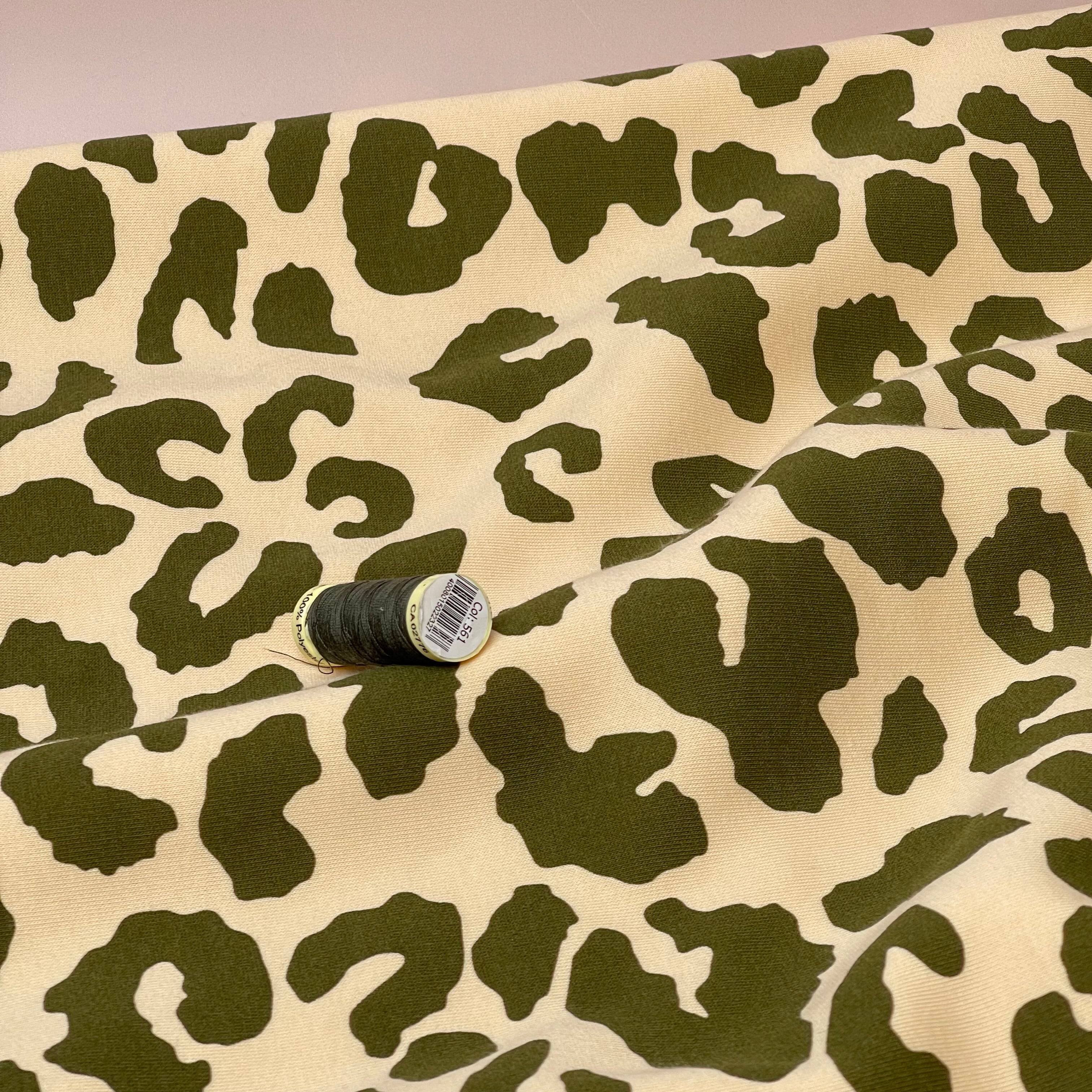 REMNANT 1.88 Metres (with some large stitch faults) Olive Branch Leopard Fleece-back Organic Cotton Sweat-Shirting