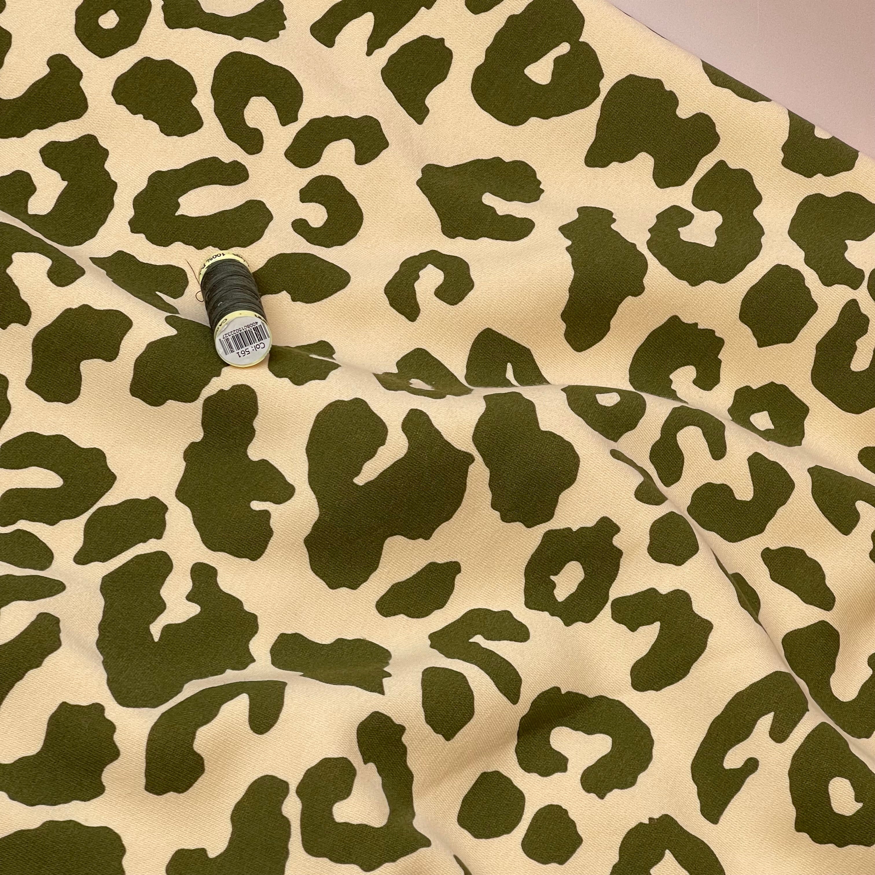 REMNANT 1.88 Metres (with some large stitch faults) Olive Branch Leopard Fleece-back Organic Cotton Sweat-Shirting