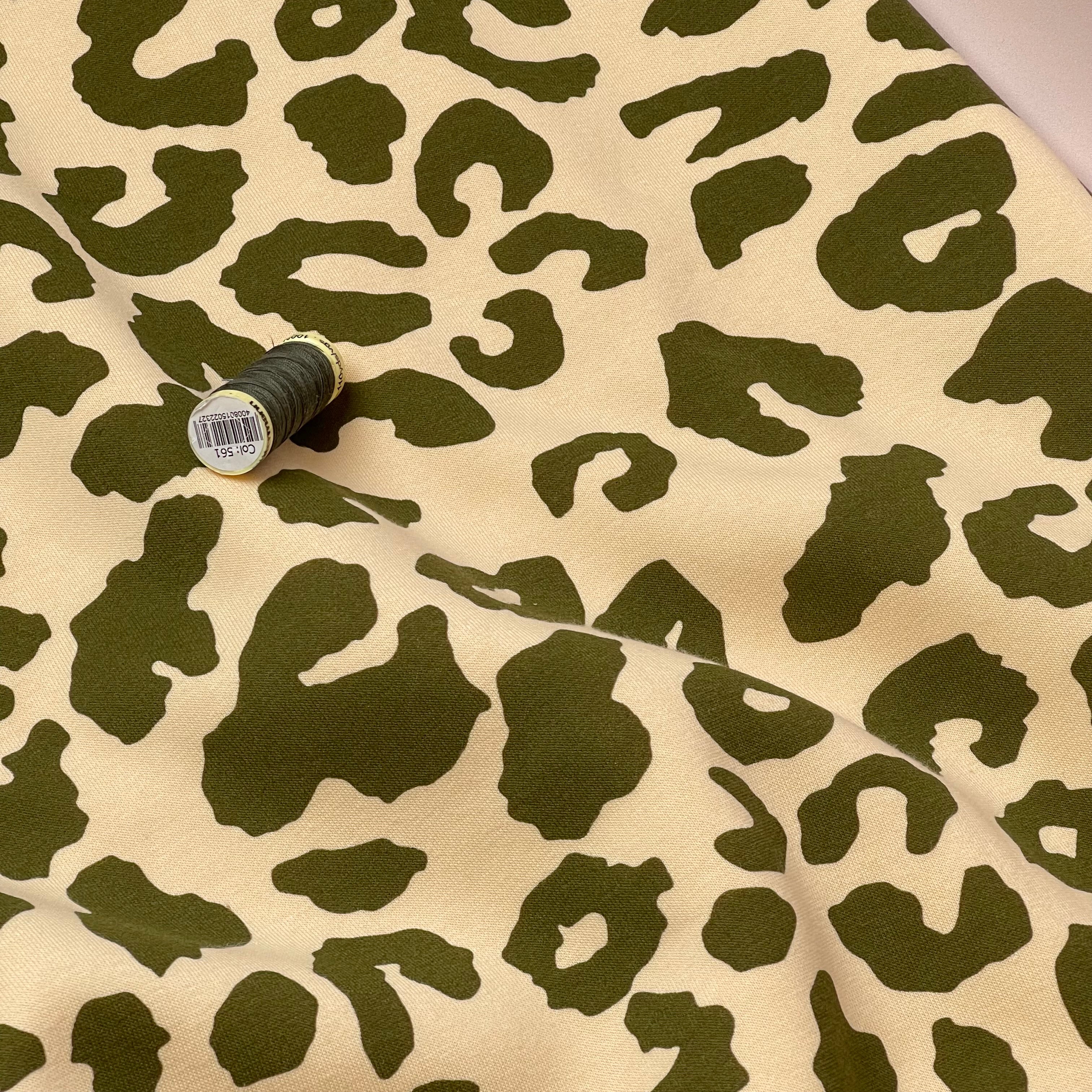 REMNANT 1.88 Metres (with some large stitch faults) Olive Branch Leopard Fleece-back Organic Cotton Sweat-Shirting