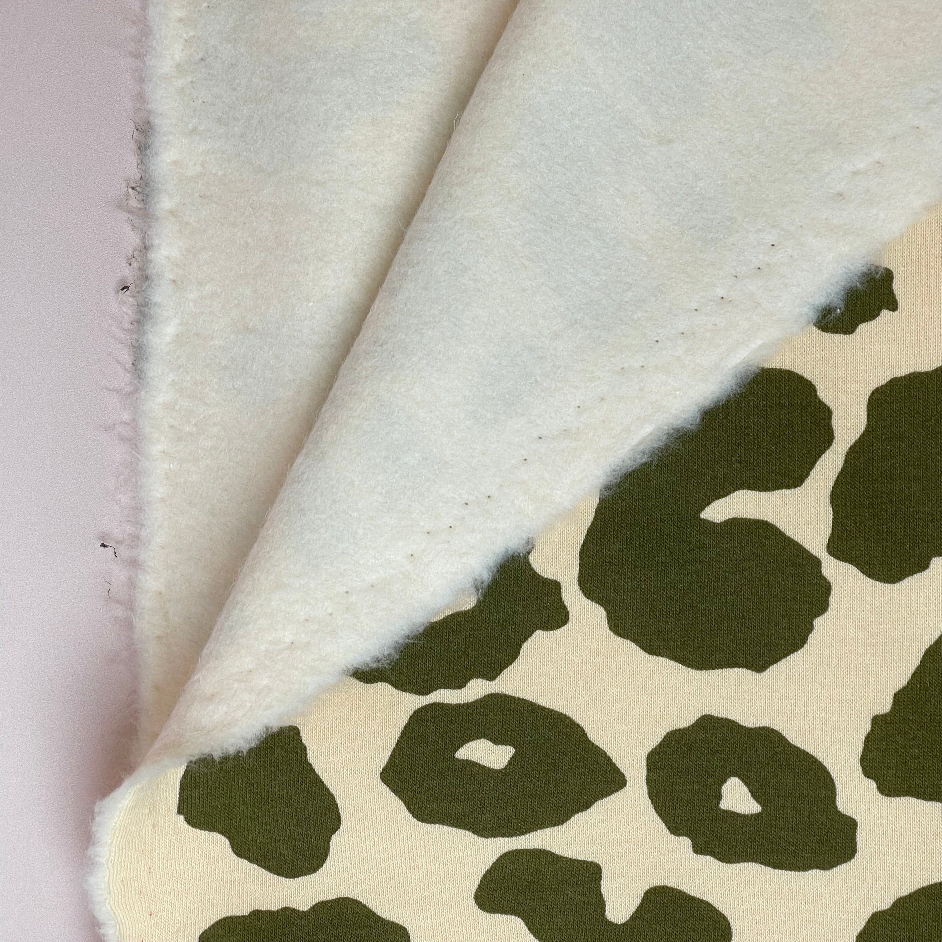 REMNANT 1.88 Metres (with some large stitch faults) Olive Branch Leopard Fleece-back Organic Cotton Sweat-Shirting