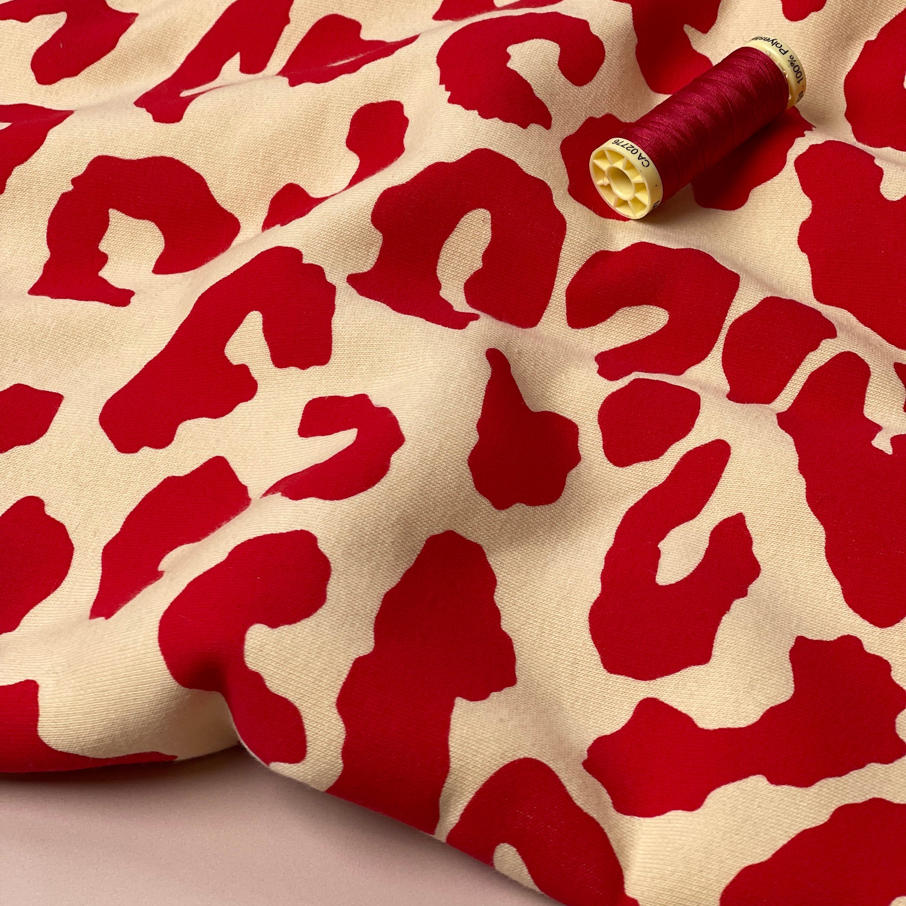 REMNANT 0.77 Metre (washable stain on edge) - Tomato Red Leopard Fleece-back Organic Cotton Sweat-Shirting