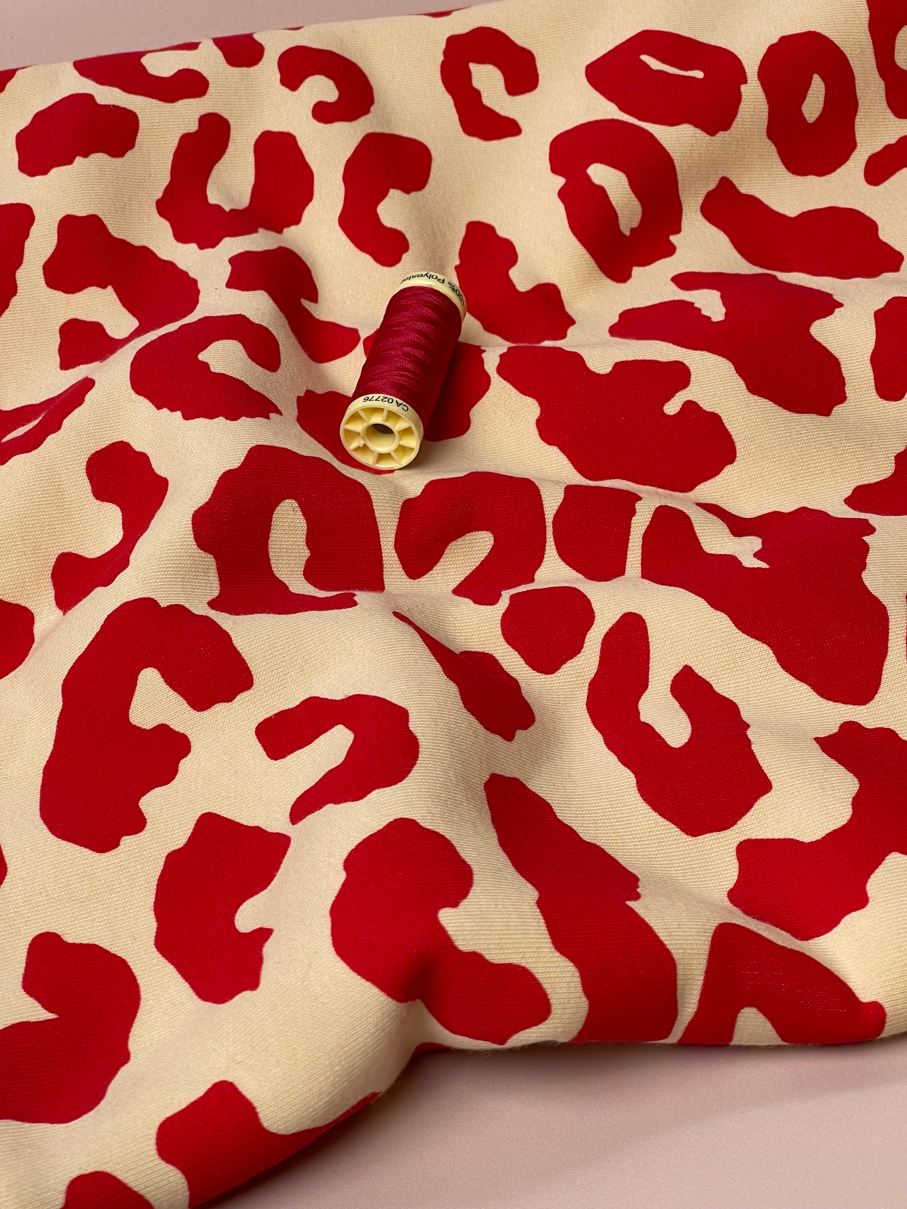 REMNANT 0.77 Metre (washable stain on edge) - Tomato Red Leopard Fleece-back Organic Cotton Sweat-Shirting