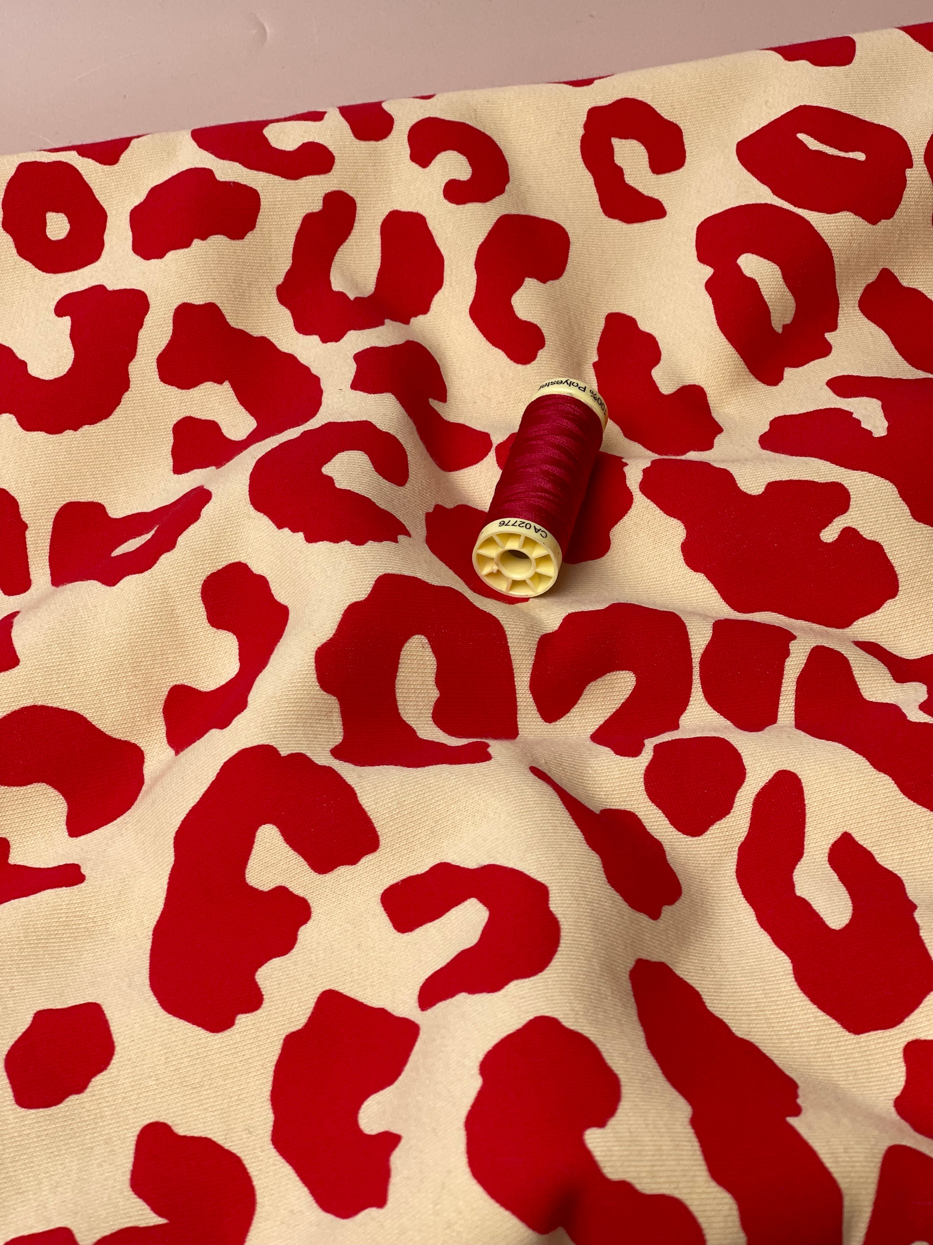 REMNANT 0.77 Metre (washable stain on edge) - Tomato Red Leopard Fleece-back Organic Cotton Sweat-Shirting