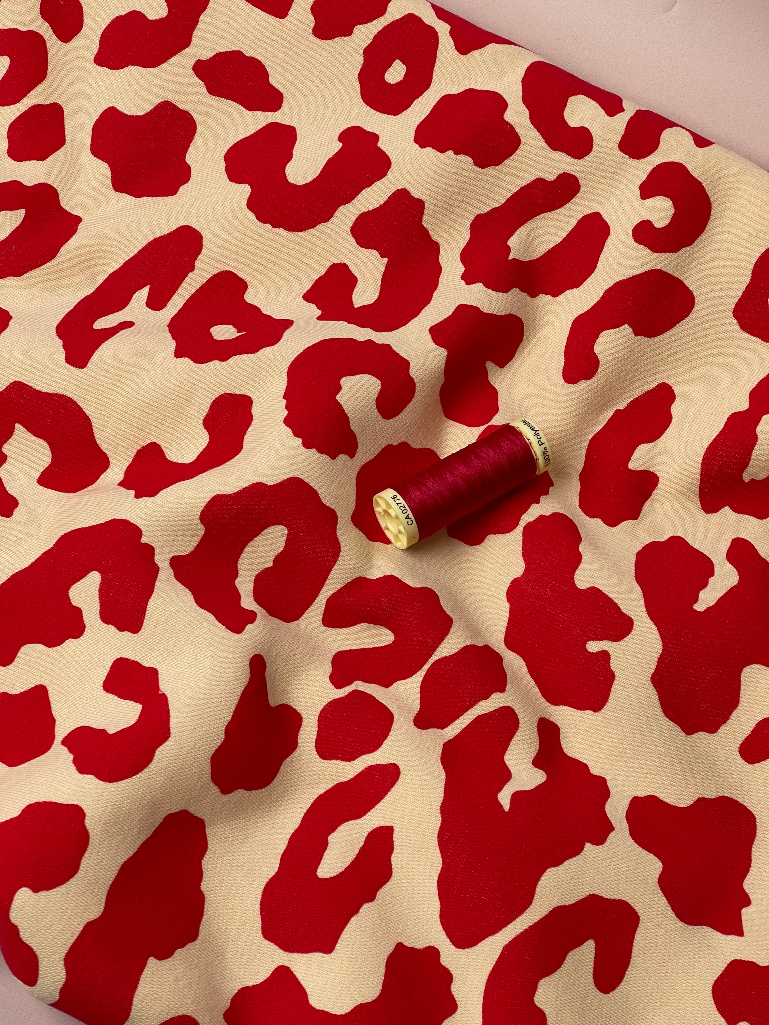 REMNANT 0.77 Metre (washable stain on edge) - Tomato Red Leopard Fleece-back Organic Cotton Sweat-Shirting