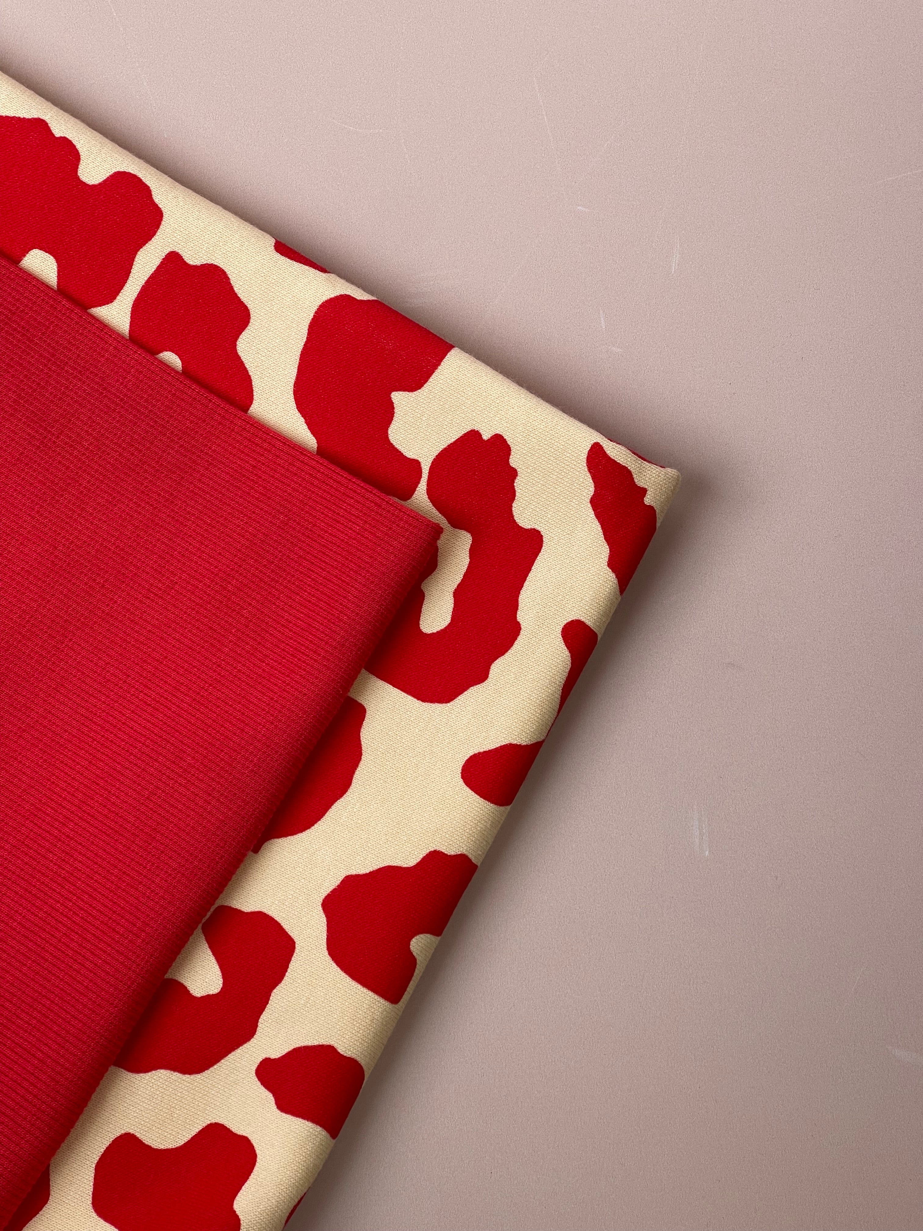 REMNANT 0.77 Metre (washable stain on edge) - Tomato Red Leopard Fleece-back Organic Cotton Sweat-Shirting