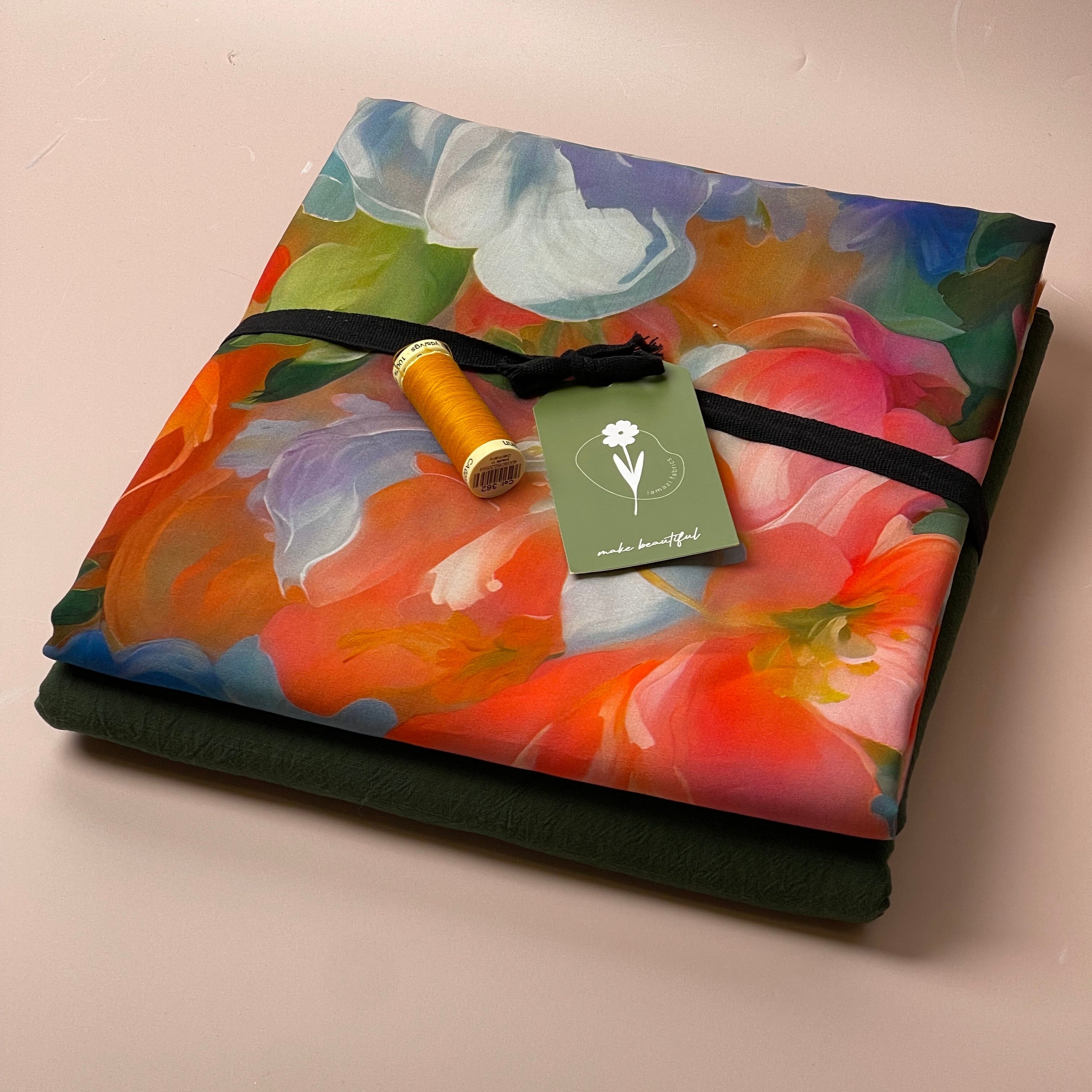 Make an Outfit Colour Bundle - Painted Rose Garden Viscose with Forest Green Washed Cotton