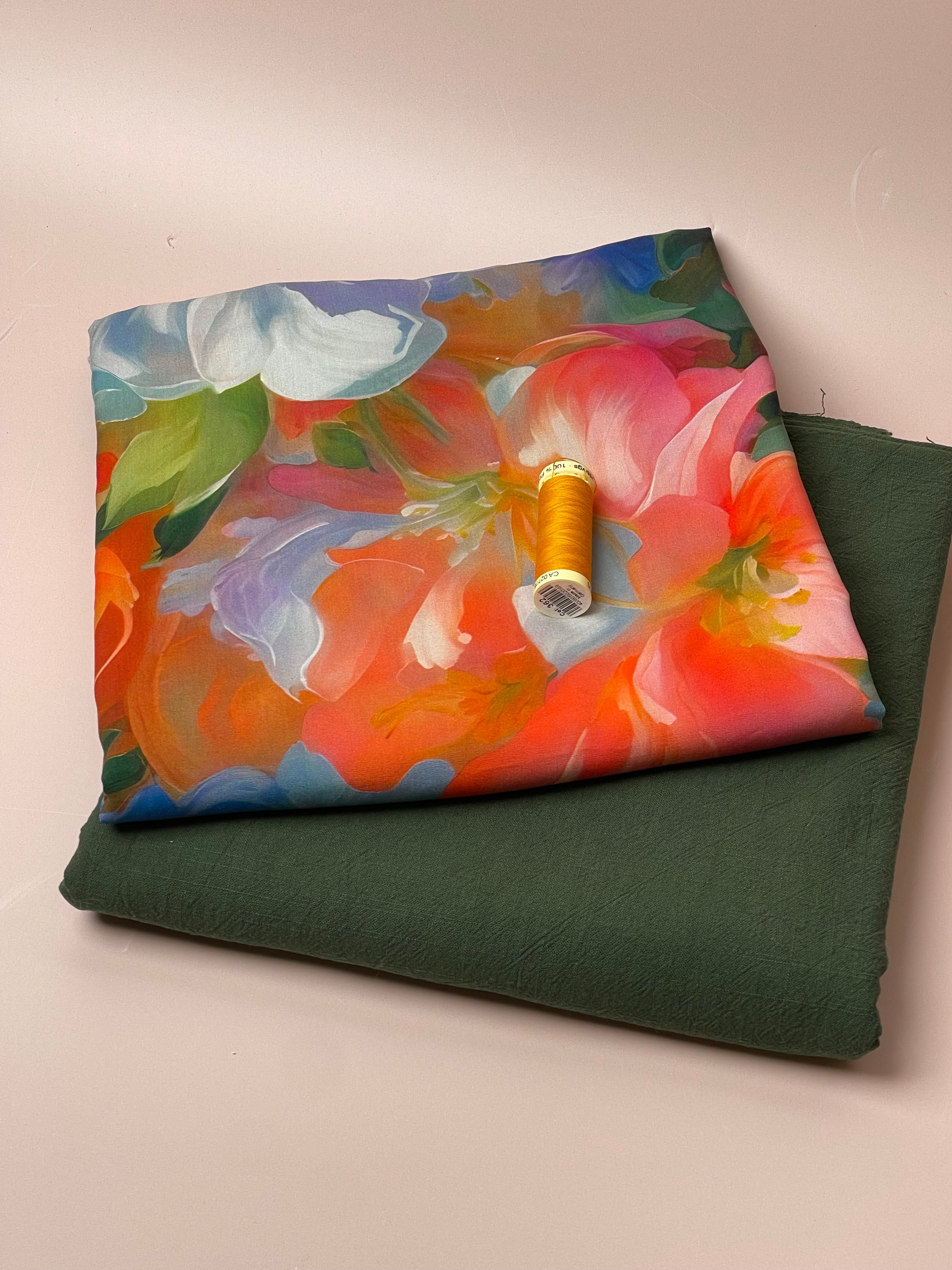 Make an Outfit Colour Bundle - Painted Rose Garden Viscose with Forest Green Washed Cotton