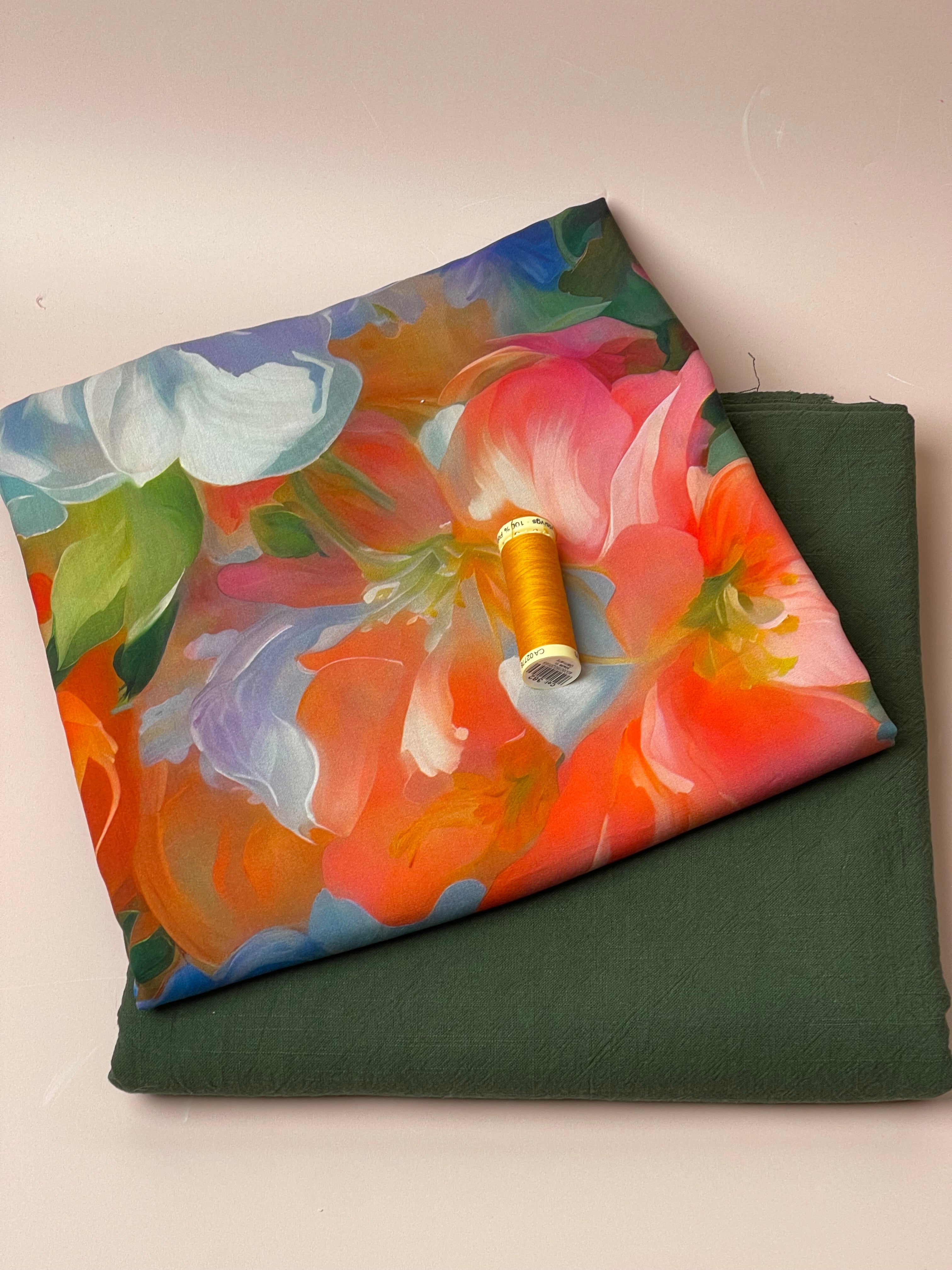 Make an Outfit Colour Bundle - Painted Rose Garden Viscose with Forest Green Washed Cotton