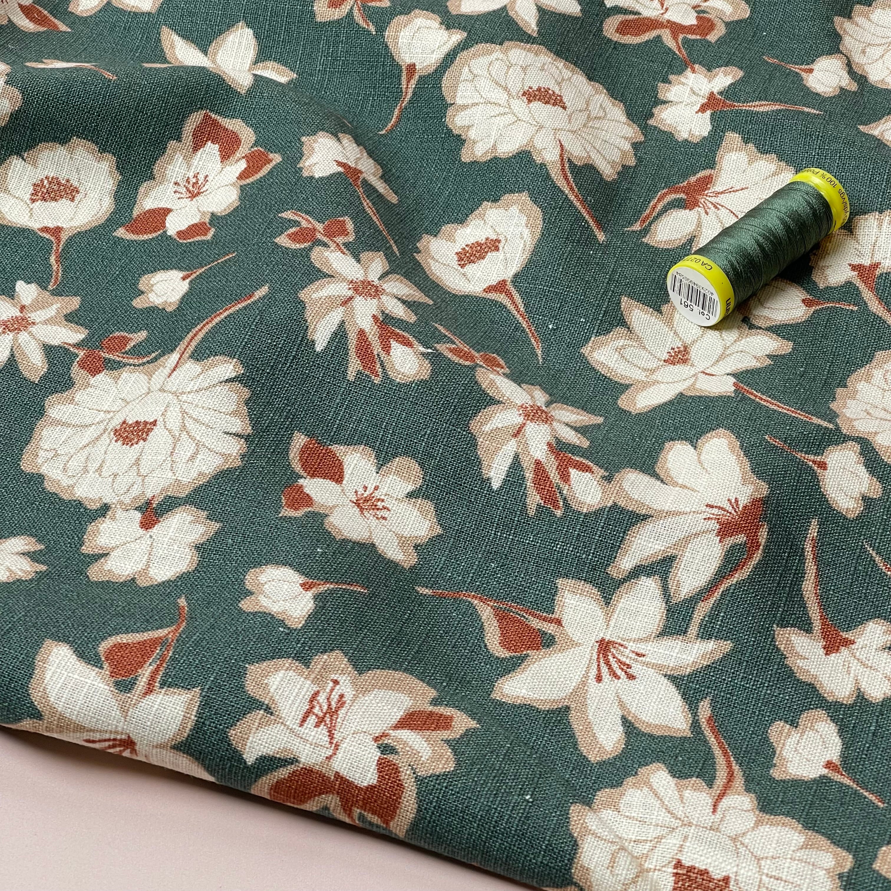 Peonies on Green Washed Linen Cotton Blend Fabric