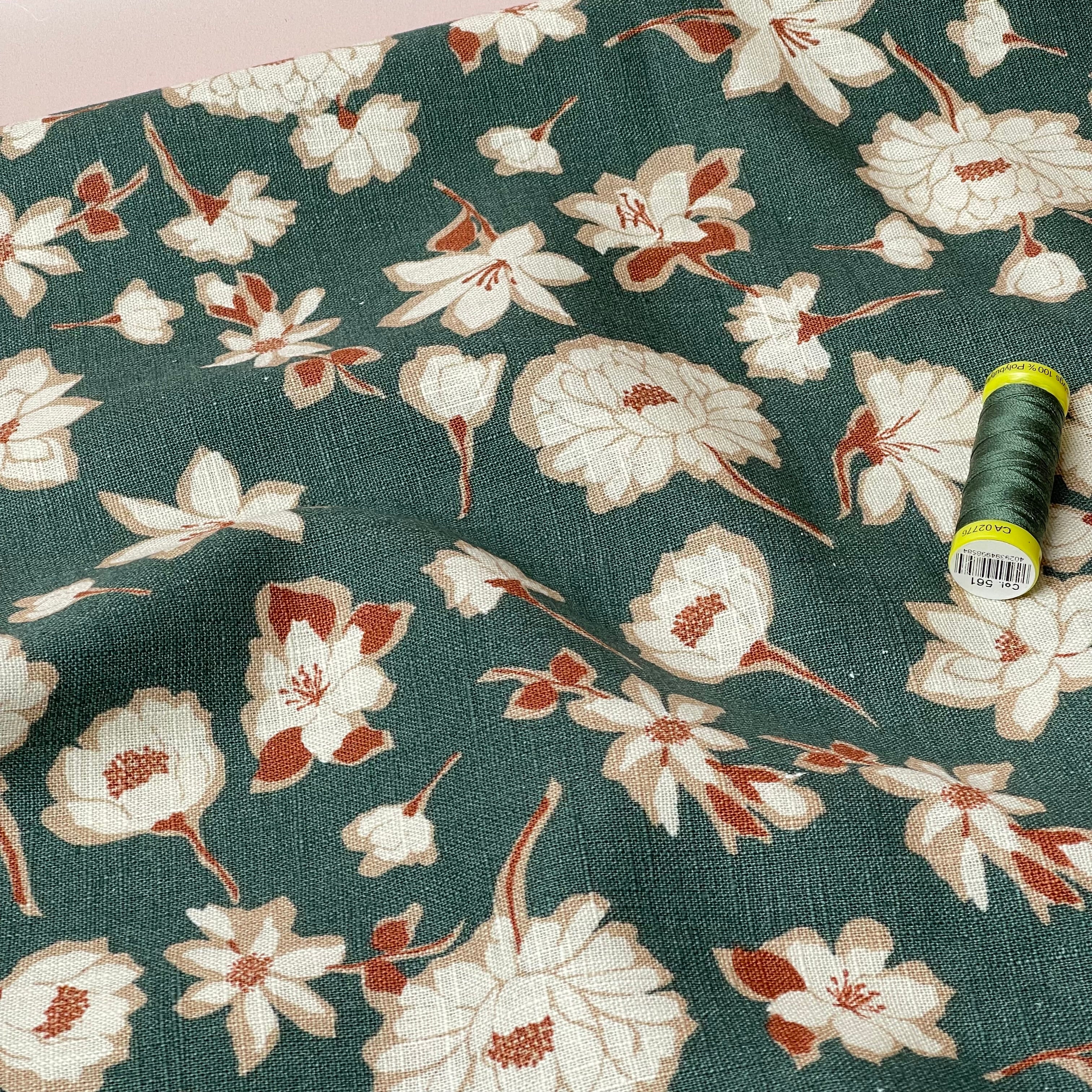 Peonies on Green Washed Linen Cotton Blend Fabric