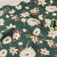 Peonies on Green Washed Linen Cotton Blend Fabric
