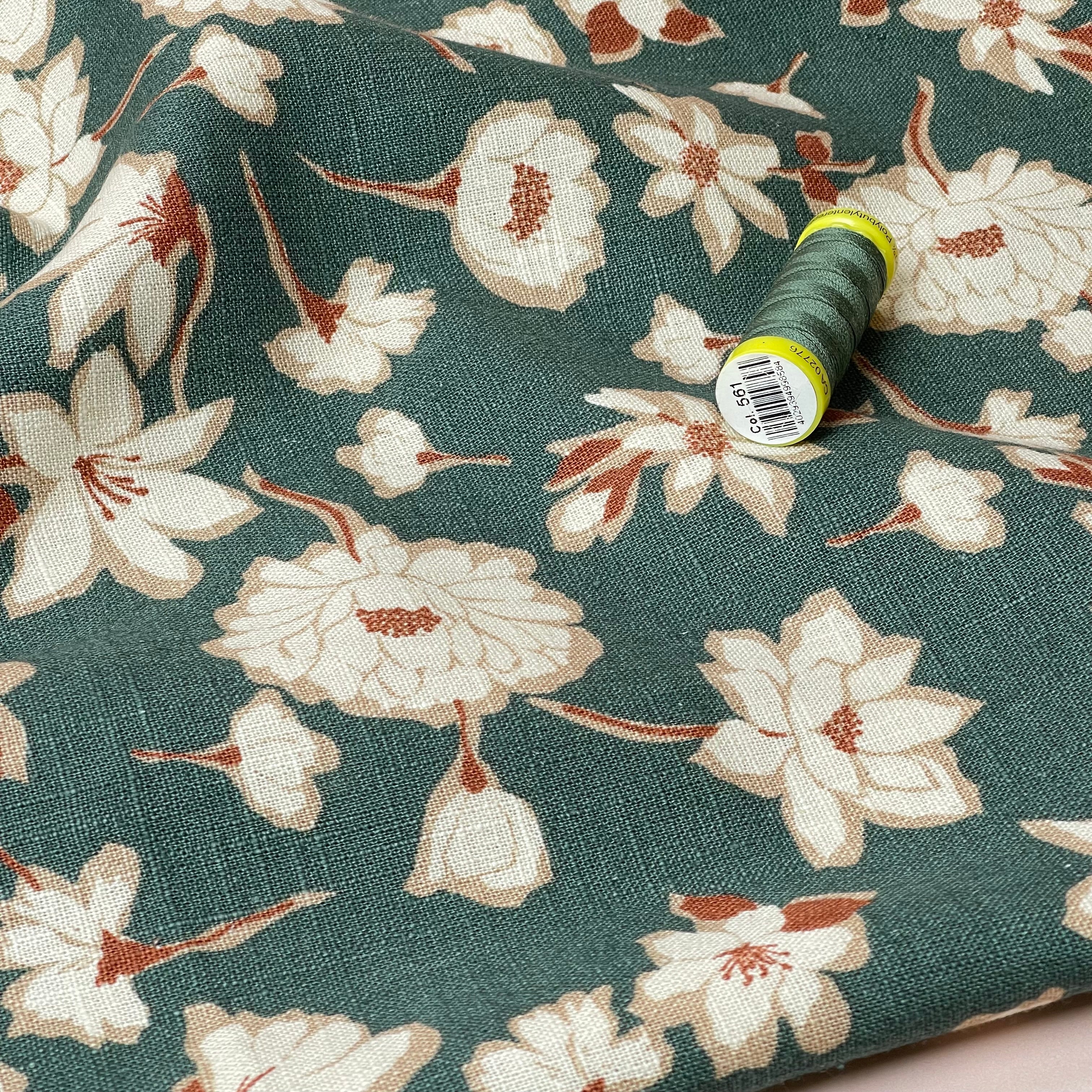 Peonies on Green Washed Linen Cotton Blend Fabric