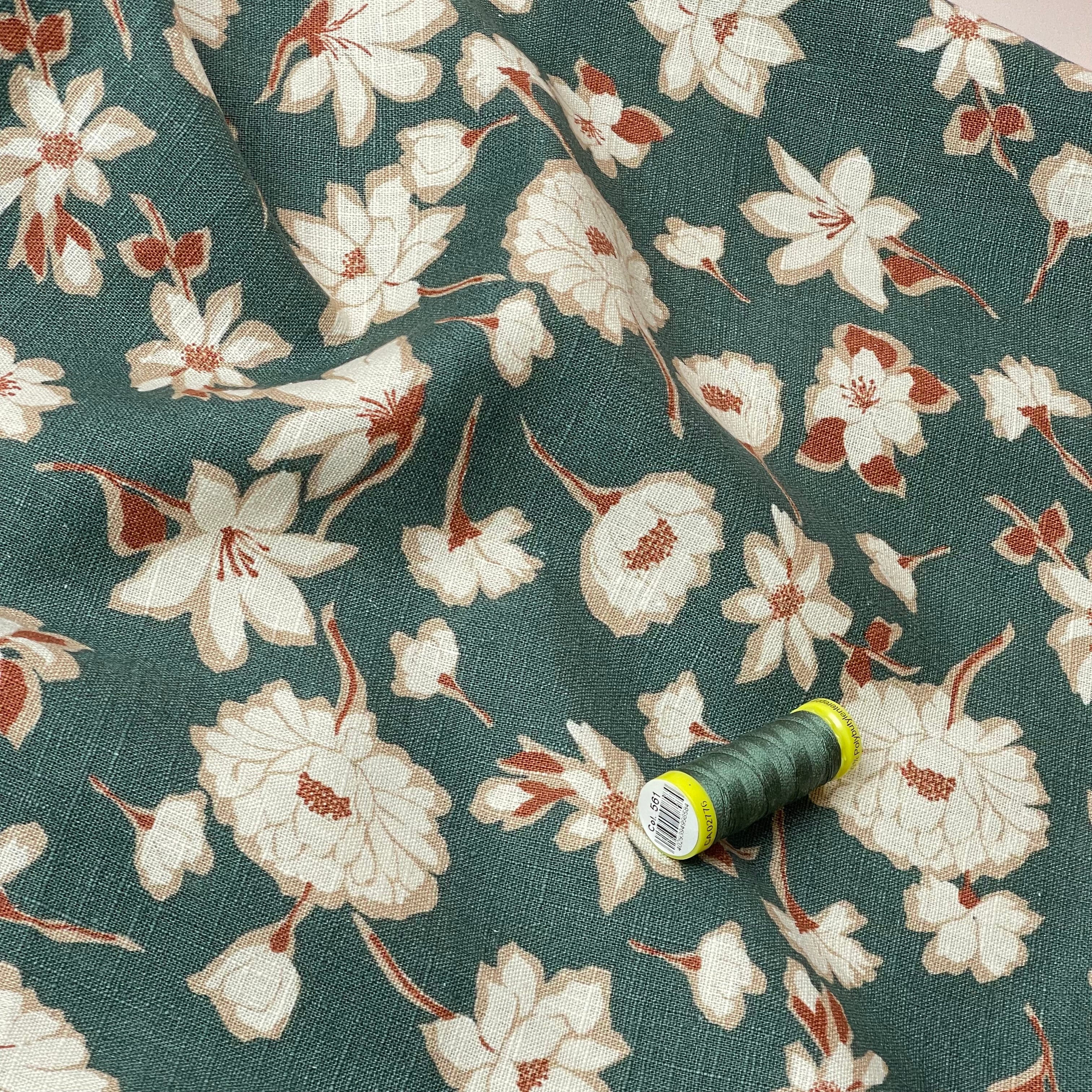 Peonies on Green Washed Linen Cotton Blend Fabric